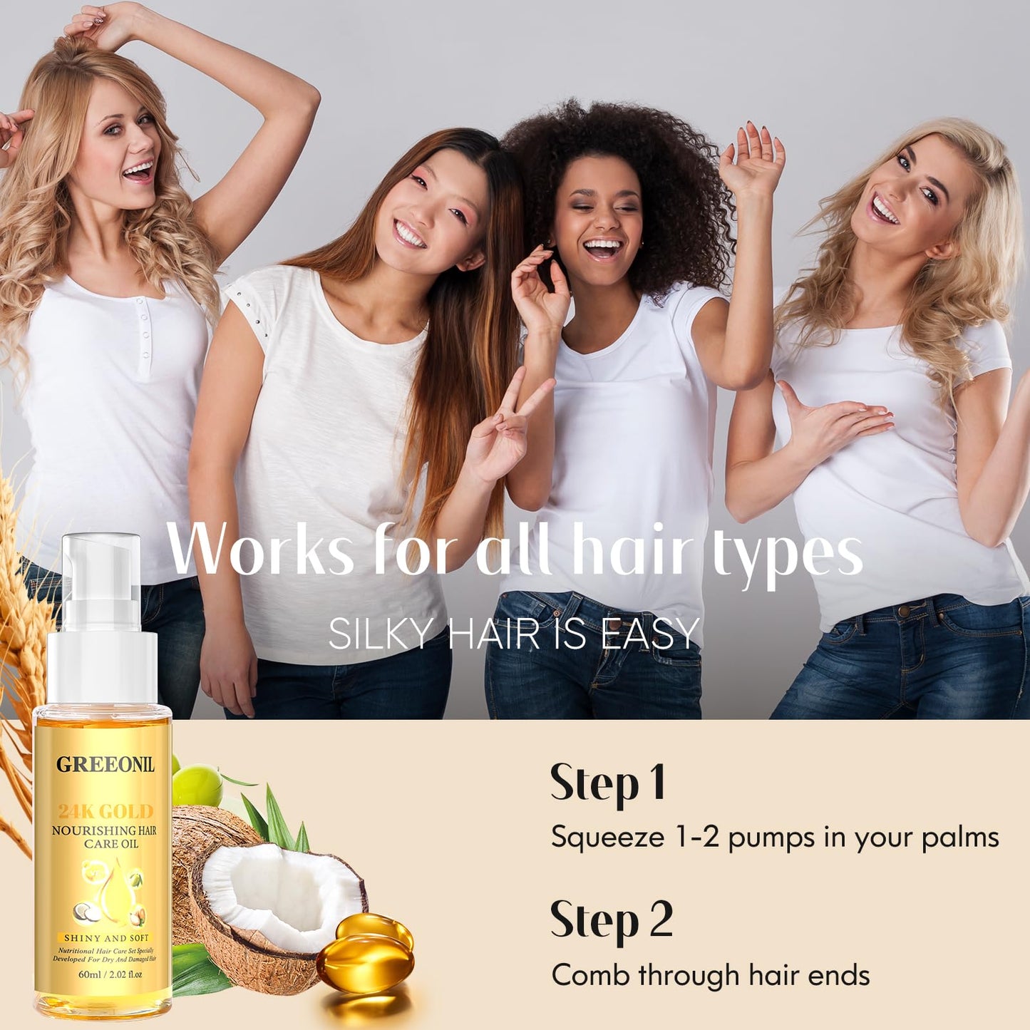 GREEONIL 24K Gold Argan, Coconut, and Olive Oil Serum for Frizz Control, Shine, and Split End Repair - Nourishing Hair Treatment with Vitamin E, 2.02 fl oz, 60ml