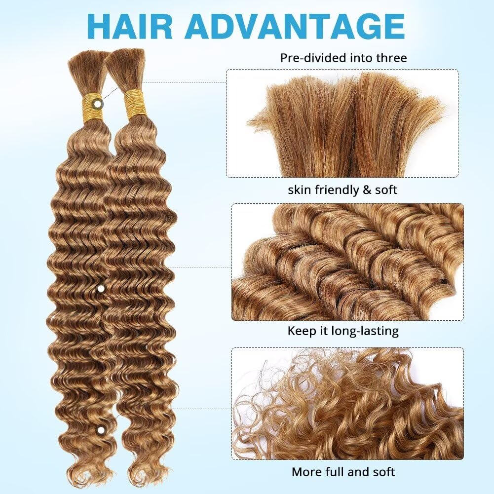 Blonde Human Braiding Hair Deep Water Wave Bulk Human Hair 100g 26 Inch Color 27 Curly Human Hair for Boho Braids Hair Extensions No Weft 2 Braids Per Pack Wet and Wavy