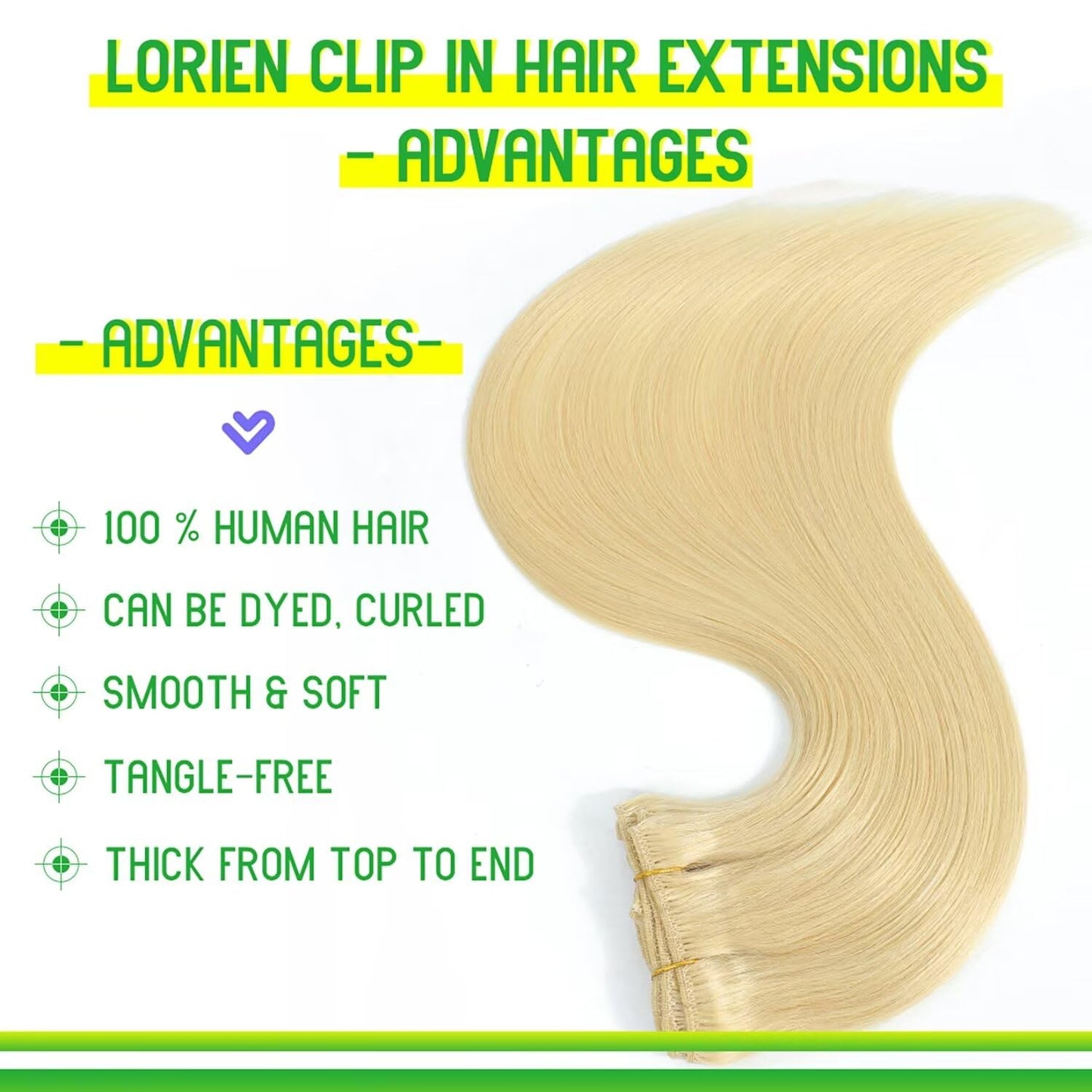 LORIEN Clip in Hair Extensions Real Human Hair, 18 Inch 100g, 613 Bleach Blonde, Clip in 100% Brazilian Remy Human Hair Extensions 8pcs Per Set with 18 Clips Double Weft