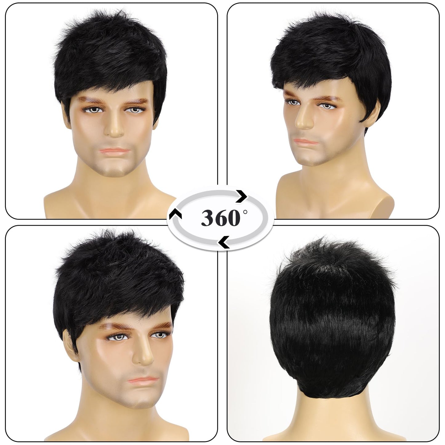 TOPHR Short Mens Wig Black Handsome 6 Inch Heat Resistant Synthetic Straight Male Wigs for Daily Costumes or Halloween Wear