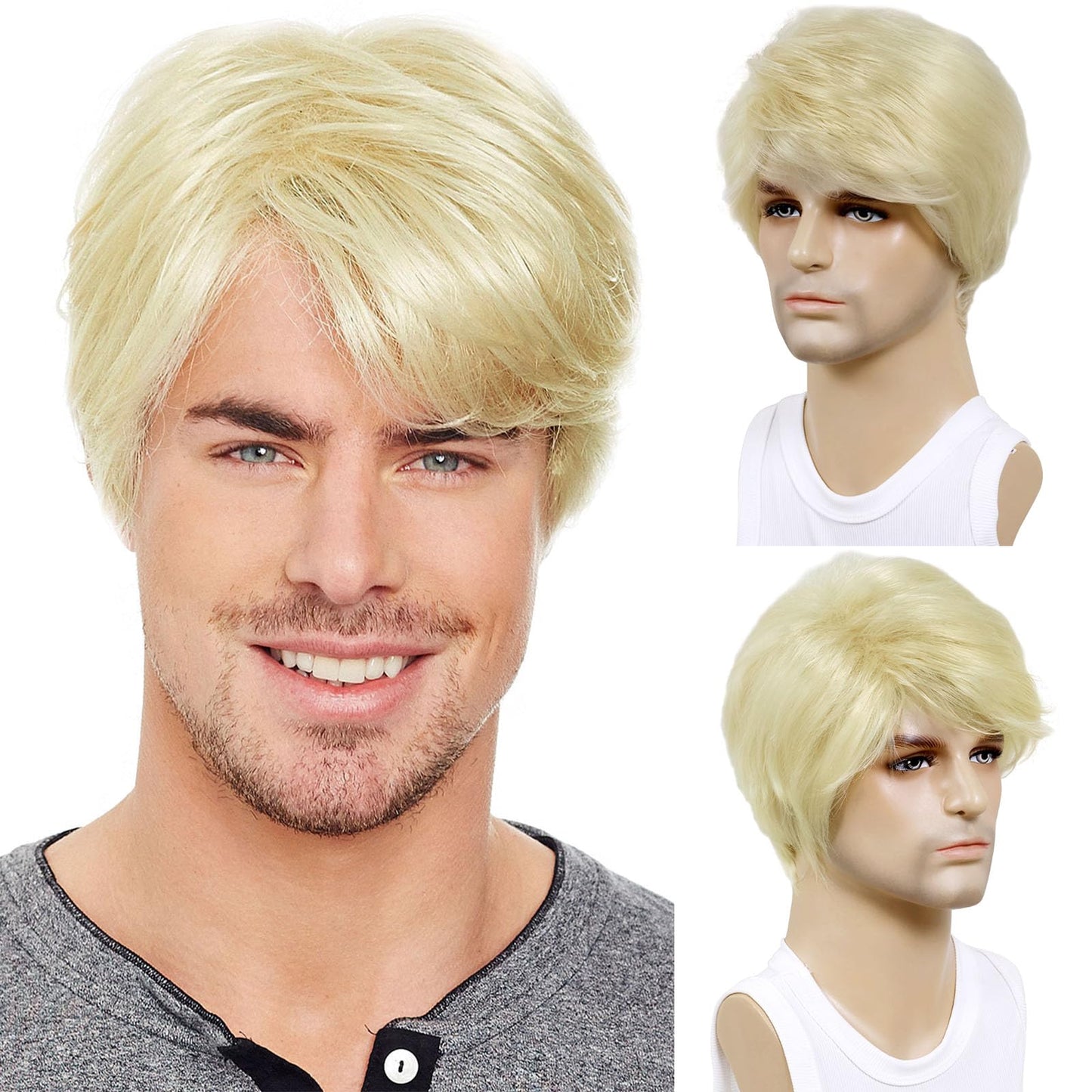 TOPHR Blonde Wig Men Short Straight 6 Inch Heat Resistant Synthetic Blonde Wig for men Daily Costumes or Halloween Wear