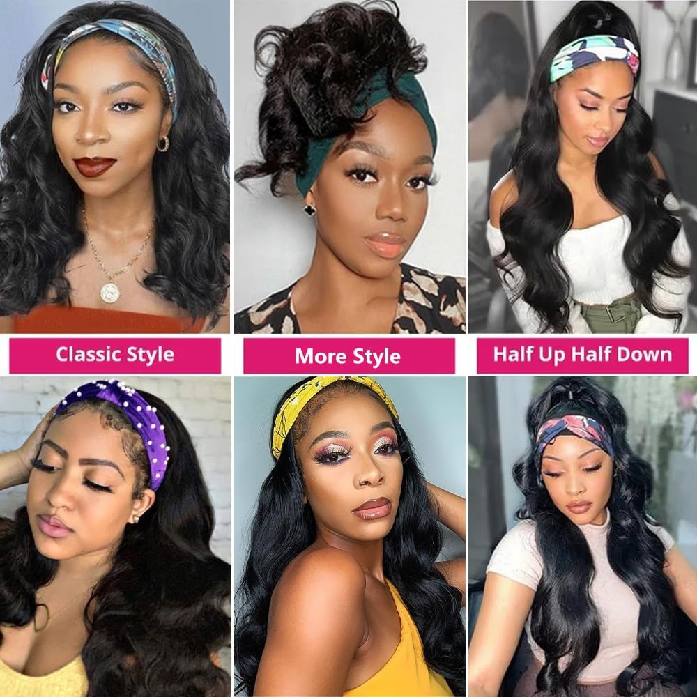 Headband Wig Human Hair Body Wave Headband Wigs for Black Women 20 Inch None Lace Front Wig Human Hair Wear and Go Glueless Wigs Machine Made Brazilian Virgin Human Hair Headband Wig Natural Color