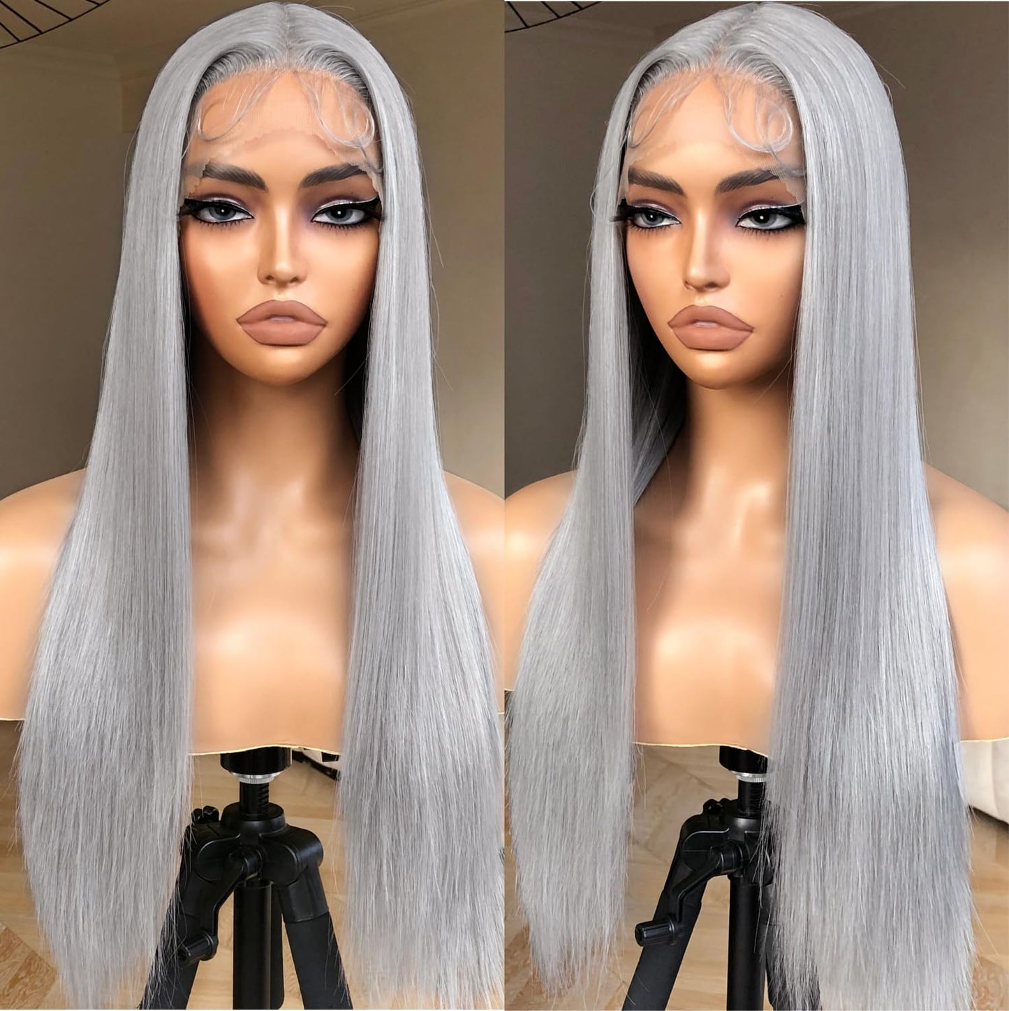 BrownBomb Grey Wig Long Silver Lace Front Wig Pre Plucked Small Knots Ready to Wear, Silver Gray Synthetic Hair Wigs for Women 26inch Long Straight Silver Wig