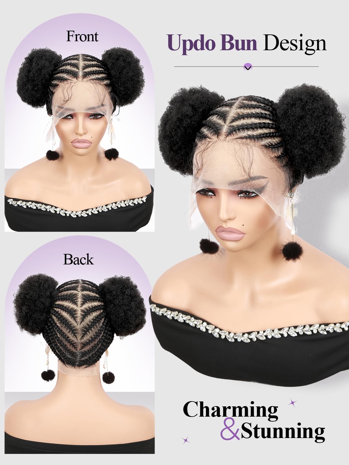Quick Wig Braided Wigs Afro Puff Wig 360 Full Lace Puff Bun Updo Hair for Women Braided Lace Front Wig with Baby Hair Synthetic Handmade Braids Puff Wig Donut Chignon Wig (1B)