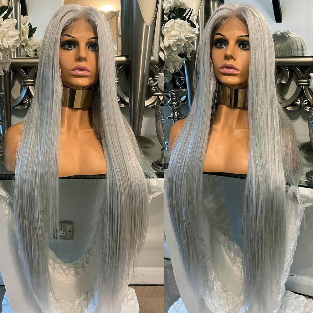 Maycaur 30 Inch Grey Hair Synthetic Lace Front Wigs Light Yaki Glueless HD Lace Wigs Natural Hairline Pre-Plucked Silver Gray Long Straight Wigs for Black Women