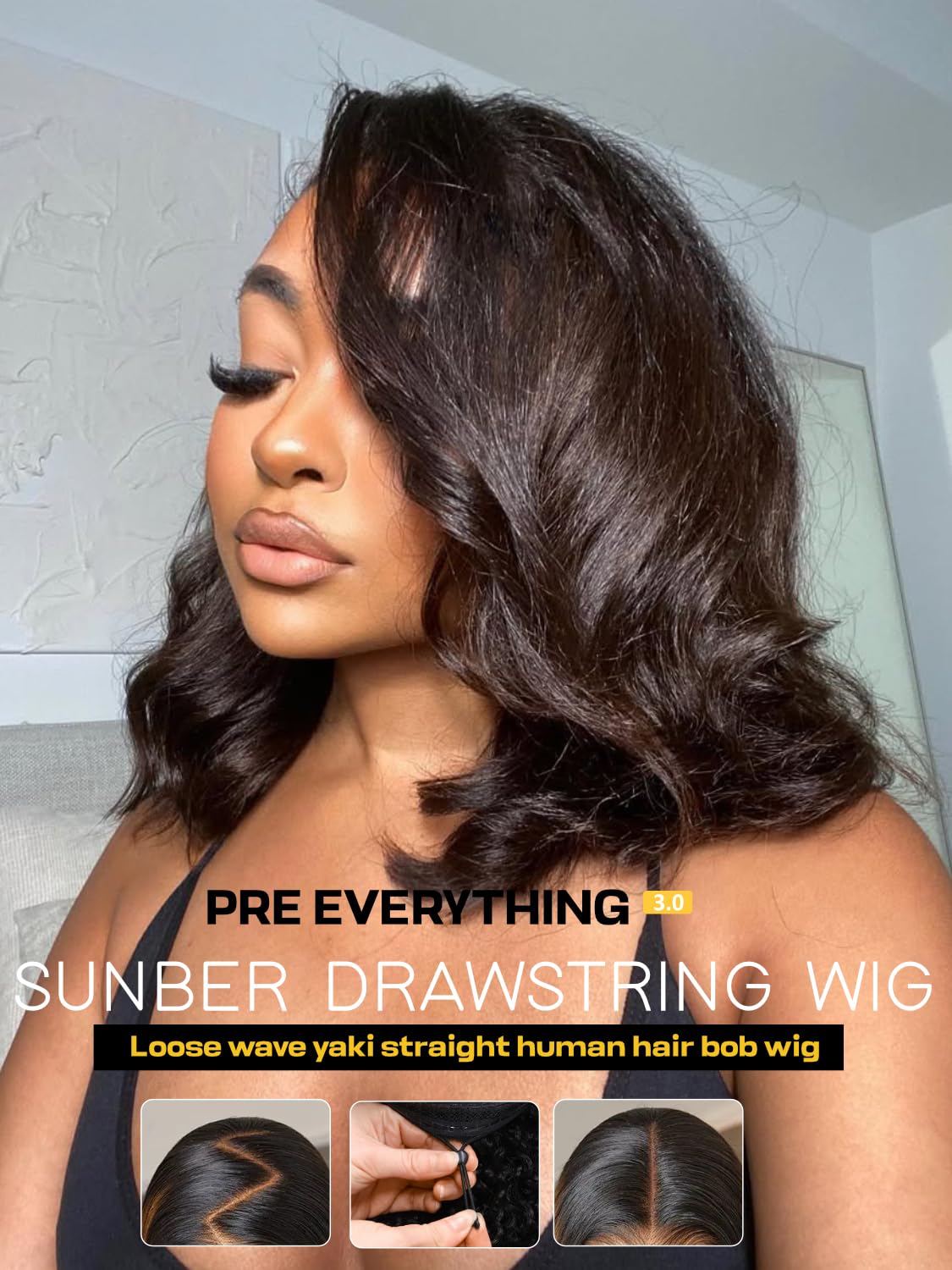 Sunber Put On and Go Glueless Light Yaki Loose Wave Bob Human Hair Wigs Pre Plucked Pre Bleached Human Hair Bye Bye Knots Pre Cut 13x4 HD Lace Front Lace with Elastic Drawstring Pre Everything 10Inch