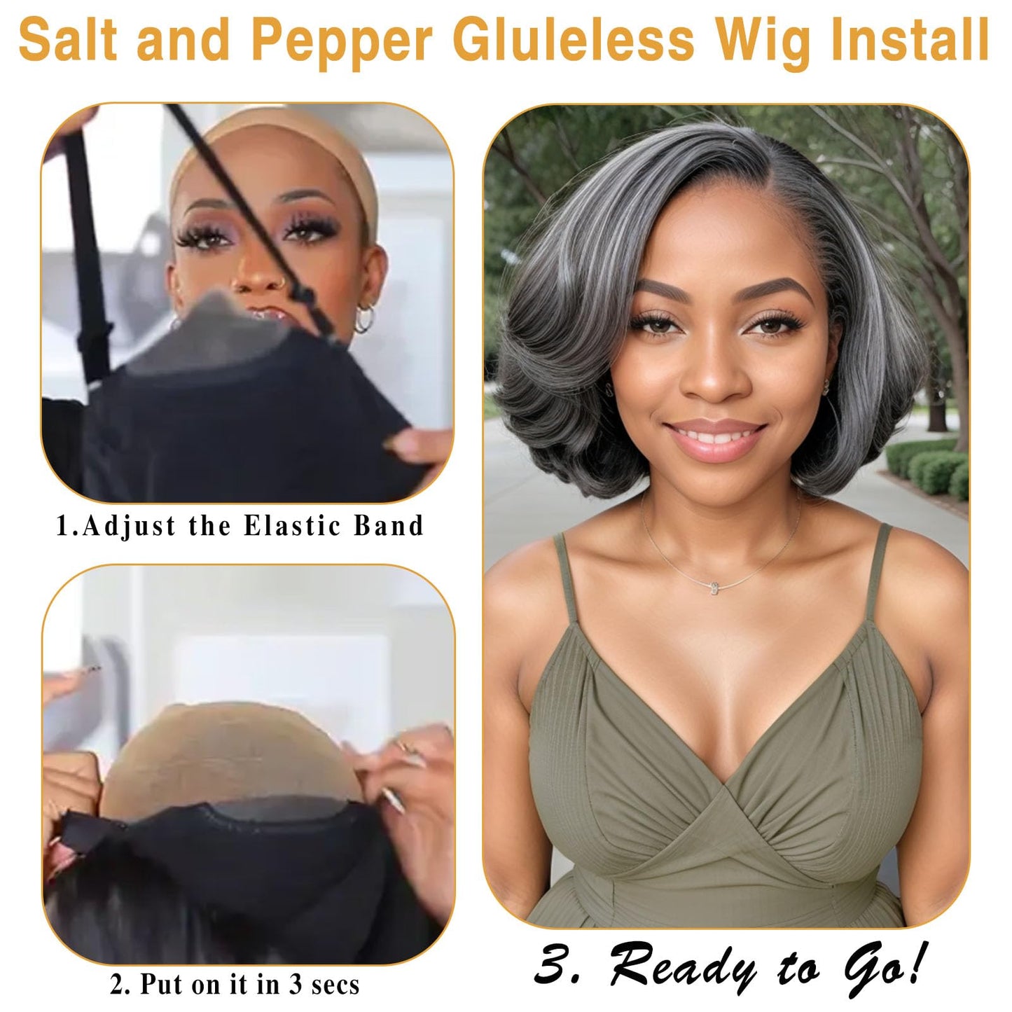 HANASCC Salt and Pepper Wigs for Women 10" Glueless Grey Short Bob Wigs Pre Plucked Body Wave Gray Human Hair Wig Pre Cut 5x5 HD Transparent Grey Glueless Lace Front Wigs for Women