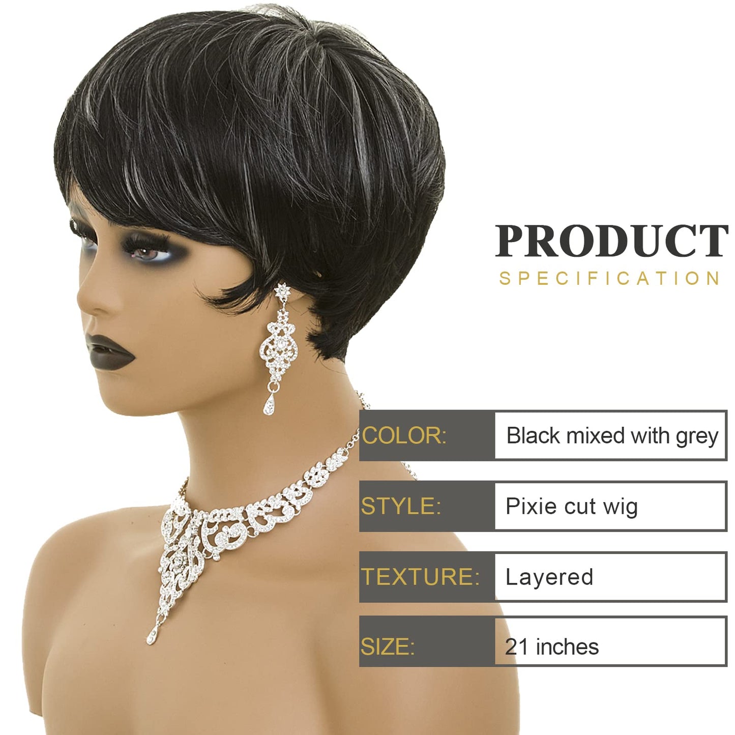 BOBCOO Pixie Cut Wig Short Wigs for Black Women Short Pixie cut Wigs for Black Women (Black Mixed With Grey)