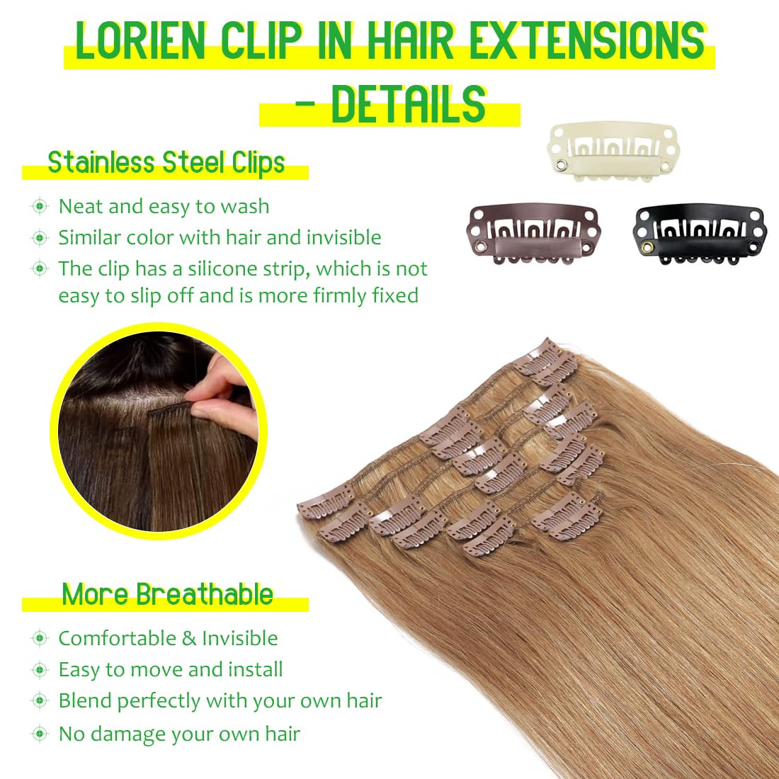 LORIEN Clip in Hair Extensions Real Human Hair, 24 Inch 120g, 27 Honey Blonde, Clip in 100% Brazilian Remy Human Hair Extensions 8pcs Per Set with 18 Clips Double Weft