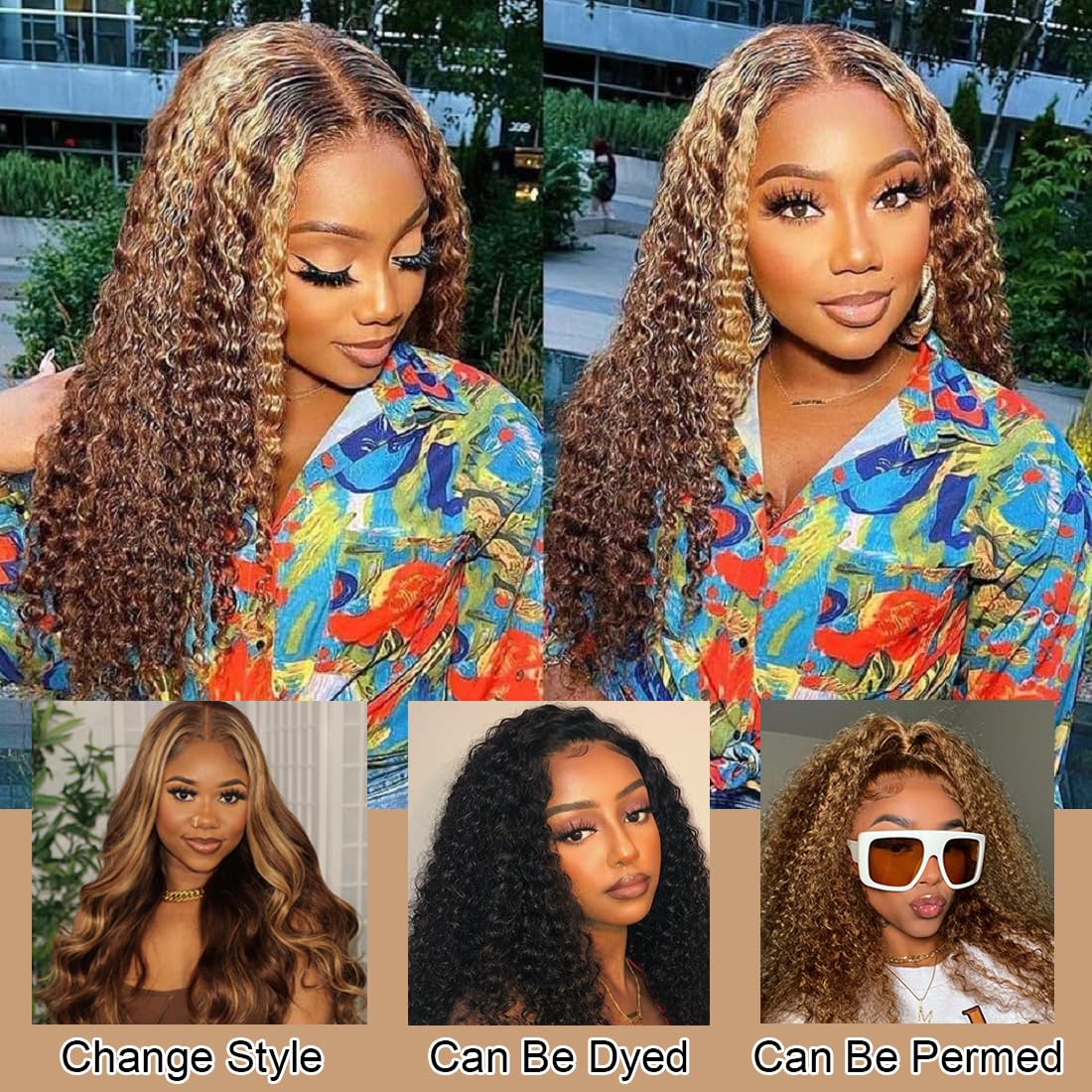 Ladoux Ombre Honey Blonde 13x6 HD Transparent Water Wave Lace Front Human Hair Wigs for Women 180% Density 4/27 Colored Highlight Curly Glueless Wigs 26Inch Pre Plucked with Baby Hair