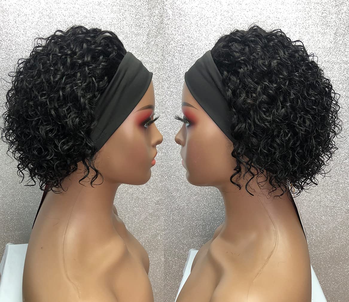 SWEETGIRL Curly Headband Wig Human Hair Wigs for Women Short Curly Bob Headband Wigs Ready to Wear and Go Glueless Half Wig 150% Density Natural Black 6 Inch