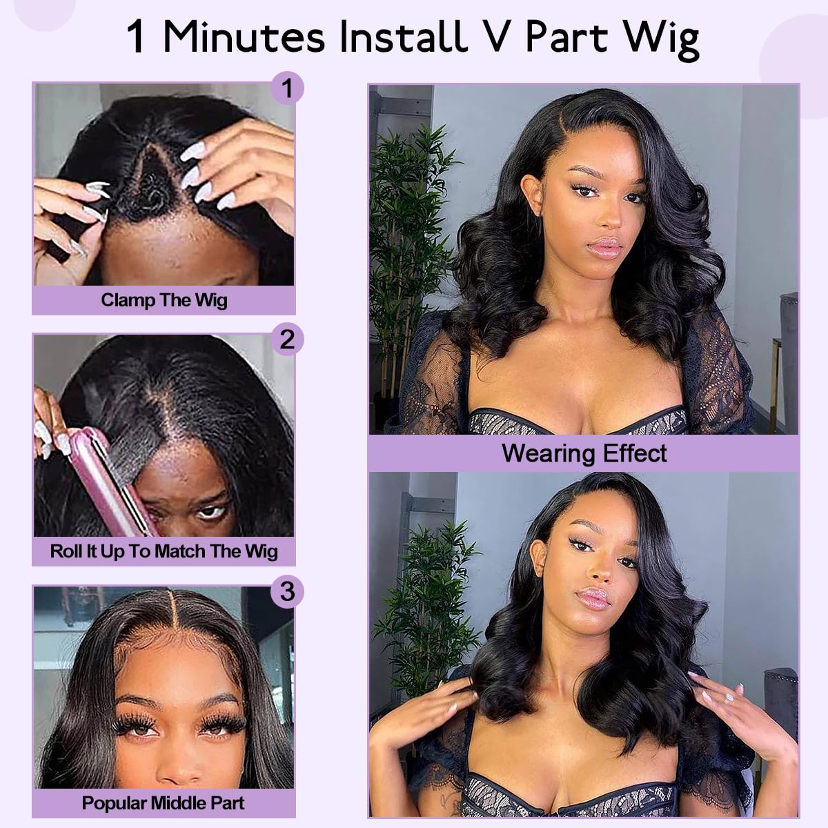 Emistar Long Wave V Part Wig, Natural Looking U Part WigSoft Synthetic Hair as Human Hair, Wear And Go Glueless Half Wigs for Black Women (Black, 14 Inch)