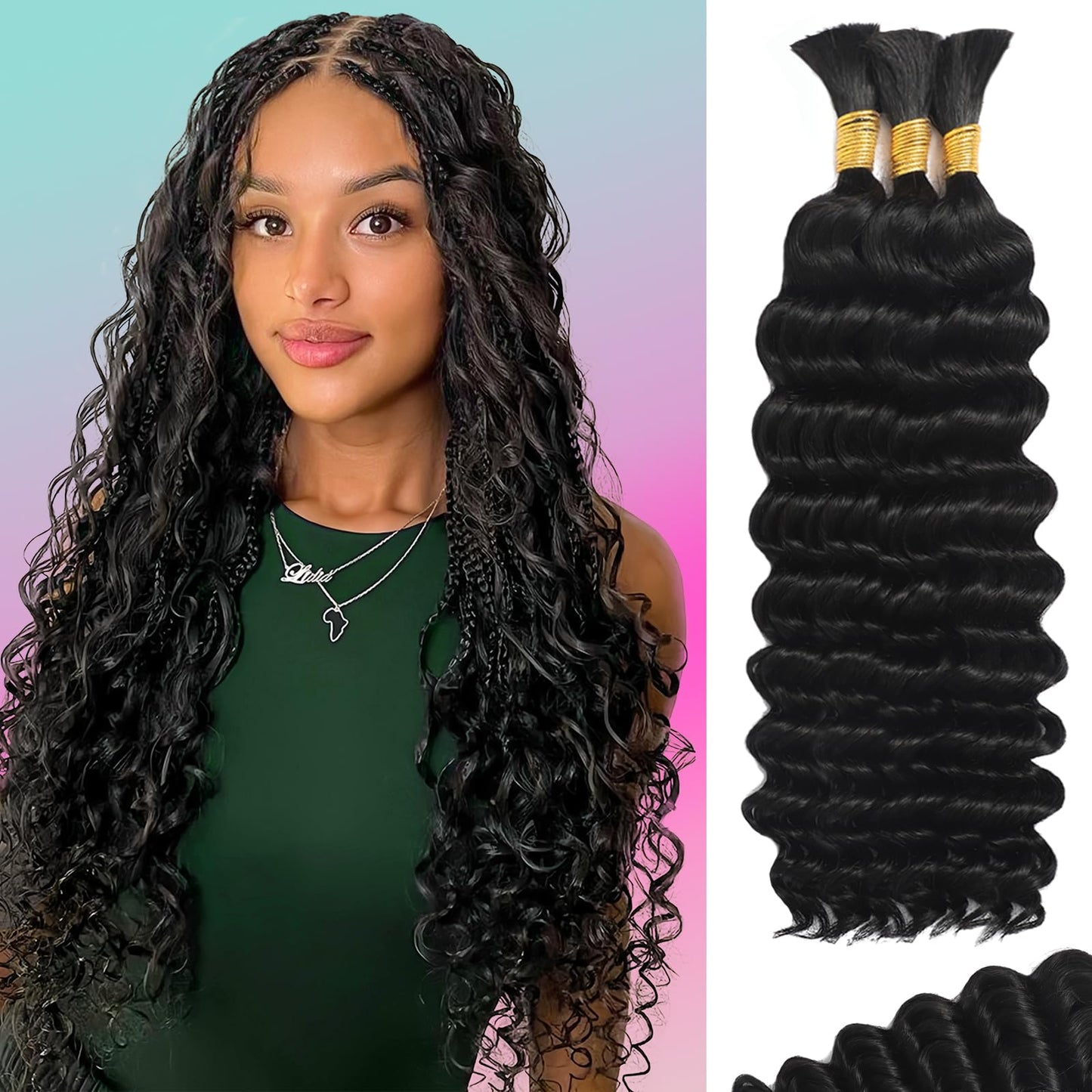 Human Braiding Hair for Boho Braids Human Hair 110g 18 Inch Curly Boho Hair for Braiding Knotless 12A Deep Wave Bohemian 3 Bundles/Pack Natural Color