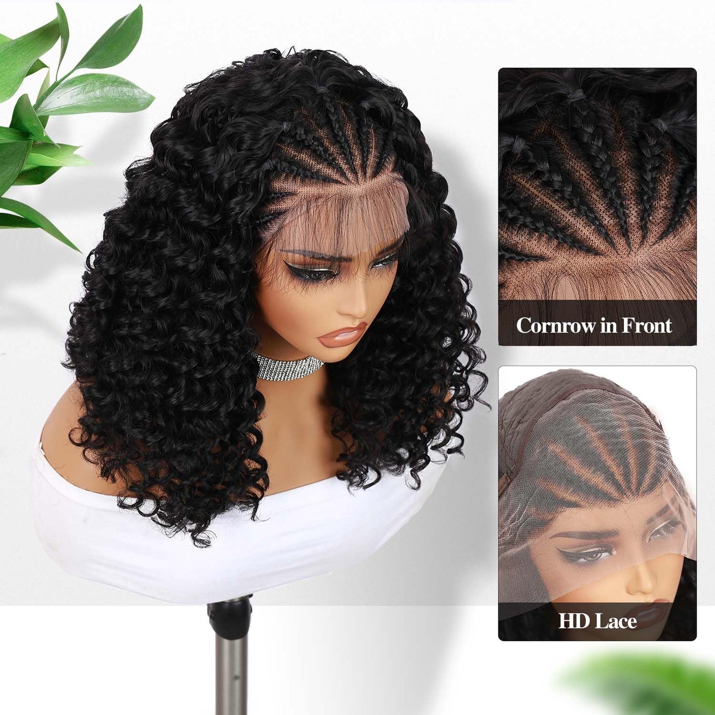 Fancy Hair Cornrow with Curly Hair Wig HD Lace Front Braided Wig with Baby Hair Pre Plucked Glueless Transparent 13x4 Inch Lace Frontal Wig for Black Women