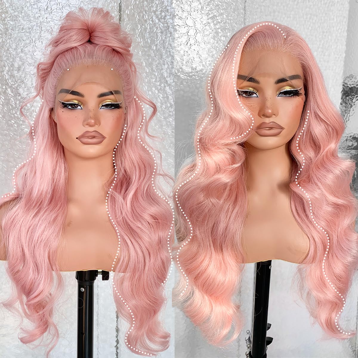 13x6 Pink HD Glueless Body Wave Lace Frontal Wigs Pre-Plucked Similar Human Hair 200 Density Synthetic Pastel Pink Wig for Black Woman Ready to Wear
