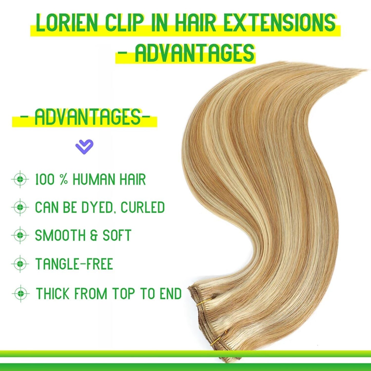 LORIEN Clip in Hair Extensions Real Human Hair, 22 Inch 110g, 18/613 Dark Blonde Highlighted Bleach Blonde, Clip in 100% Brazilian Remy Human Hair Extensions 8pcs Per Set with 18 Clips Double Weft