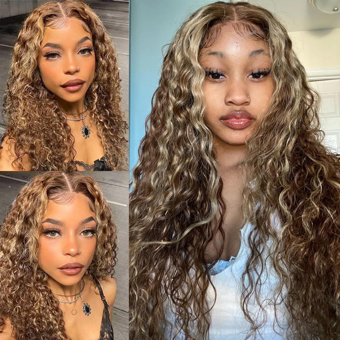 Ladoux Ombre Honey Blonde 13x6 HD Transparent Water Wave Lace Front Human Hair Wigs for Women 180% Density 4/27 Colored Highlight Curly Glueless Wigs 26Inch Pre Plucked with Baby Hair