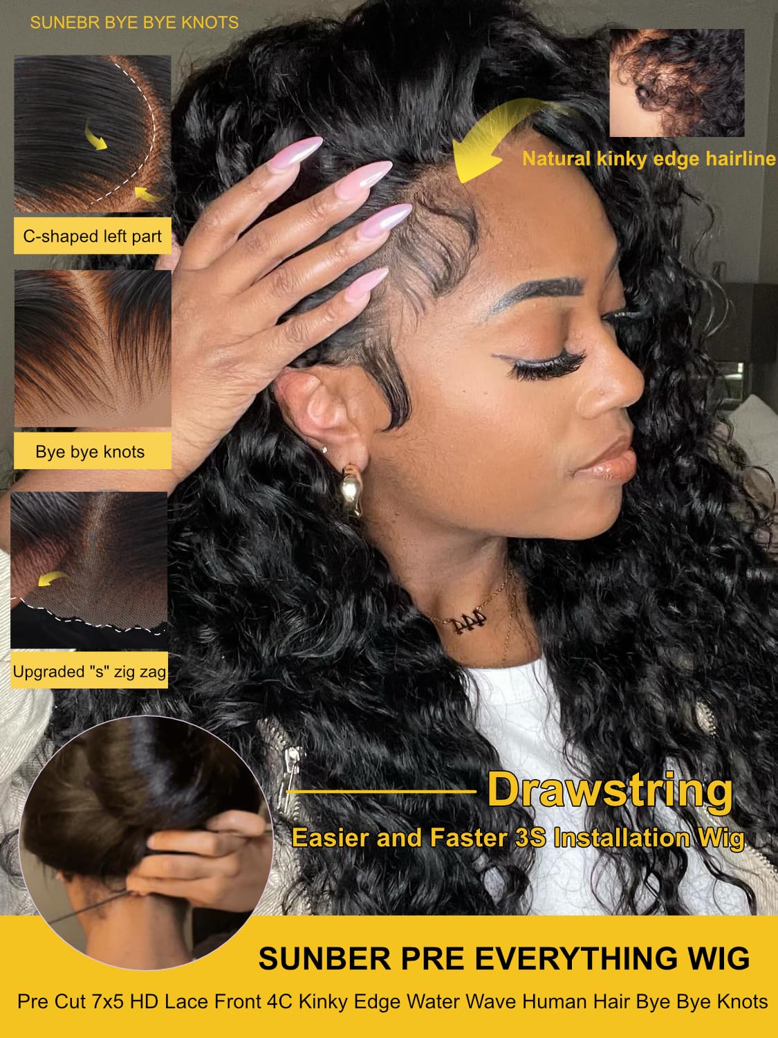 Sunber 4C Kinky Edges Water Wave Human Hair Wigs with Drawstring Bye Bye Knots Pre Cut 7x5 HD Lace Front Water Wave Glueless Wigs Put On and Go Pre Bleached Knots 180% Density 14Inch Beginner friendly