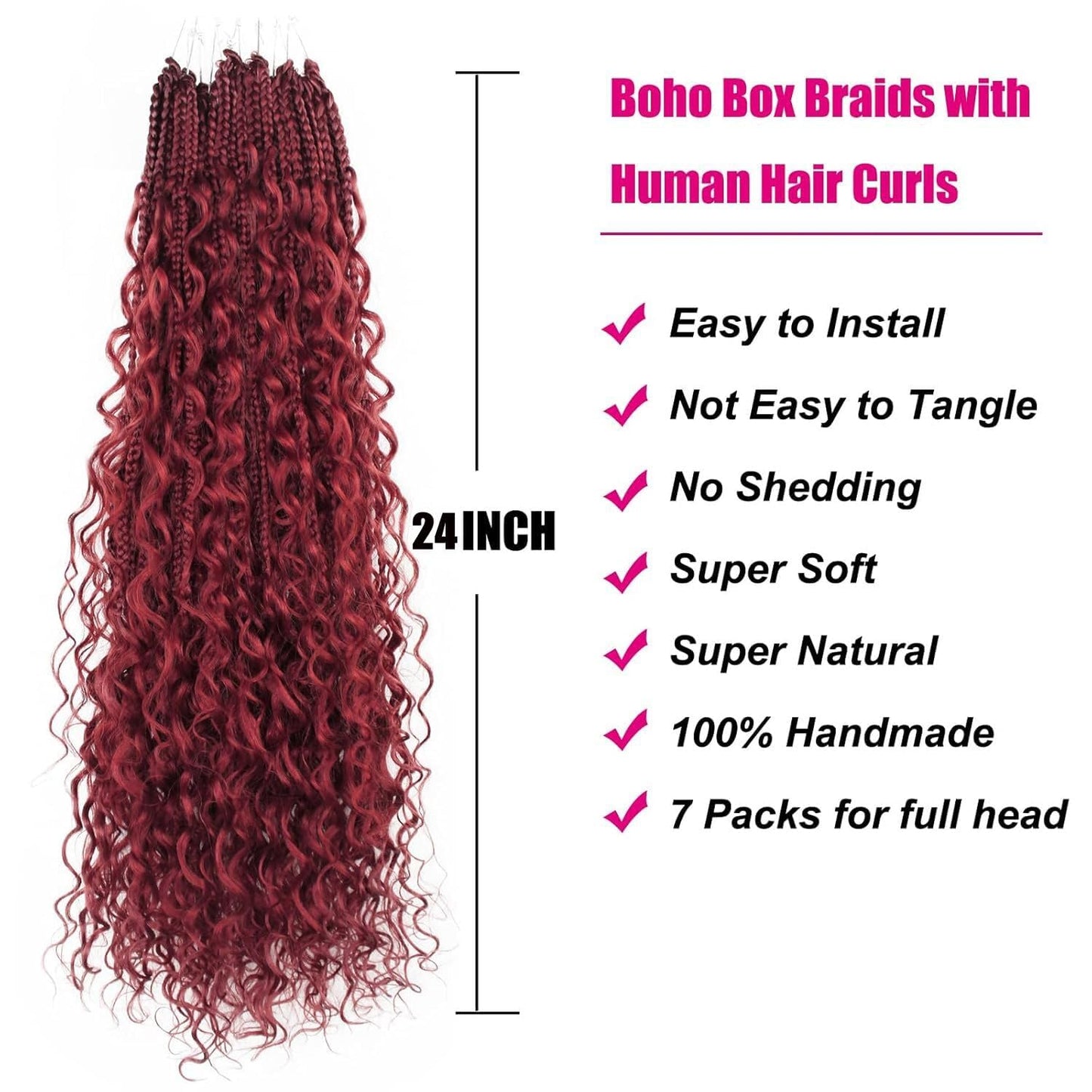 Boho Crochet Braids Pure Protein Fiber Close to Human Hair 24 Inch Goddess Box Braid with Soft Curls Bohemian Braids Crochet Hair for Black Women (24Inch BUG)