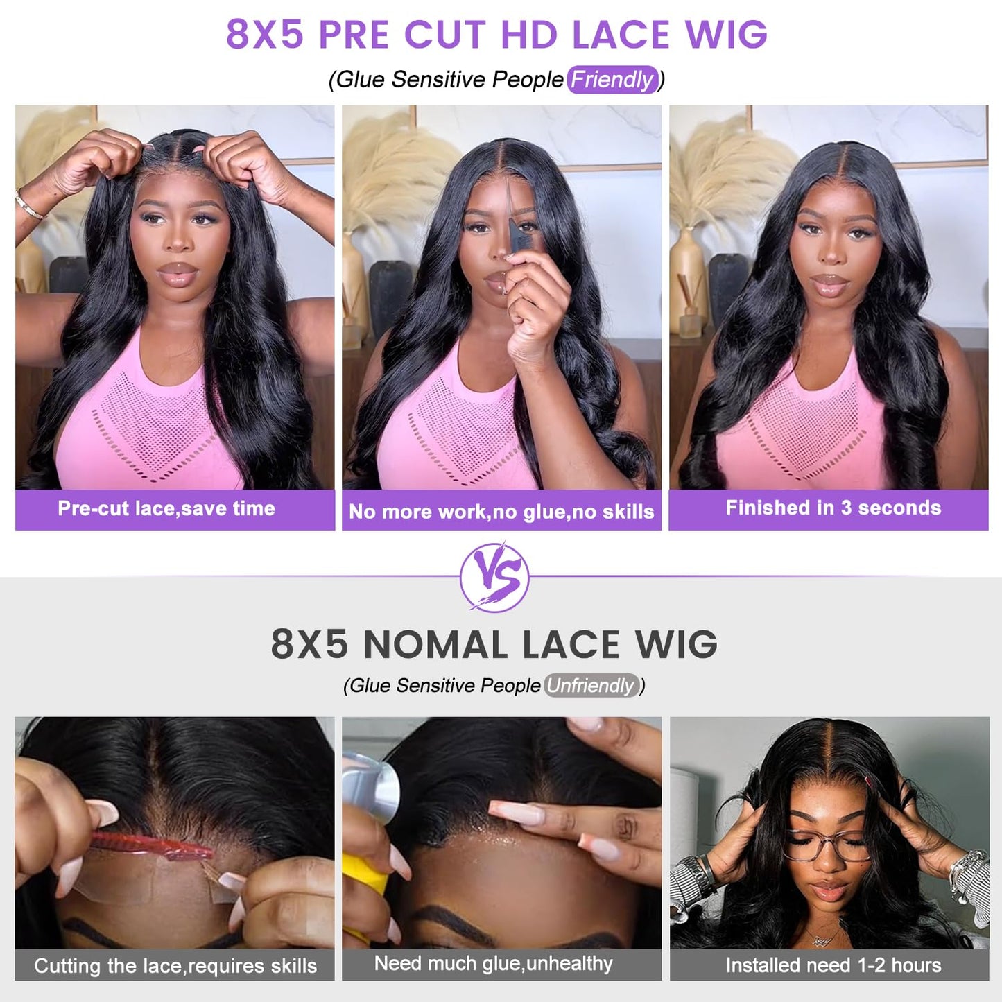 ONECHULY Wear and Go Glueless Wigs Human Hair Pre Cut 8x5 HD Lace Front Wig for Beginners 180% Density Body Wave no Glue Lace Wigs Human Hair 30 Seconds to Wear Beginner friendly 28inch