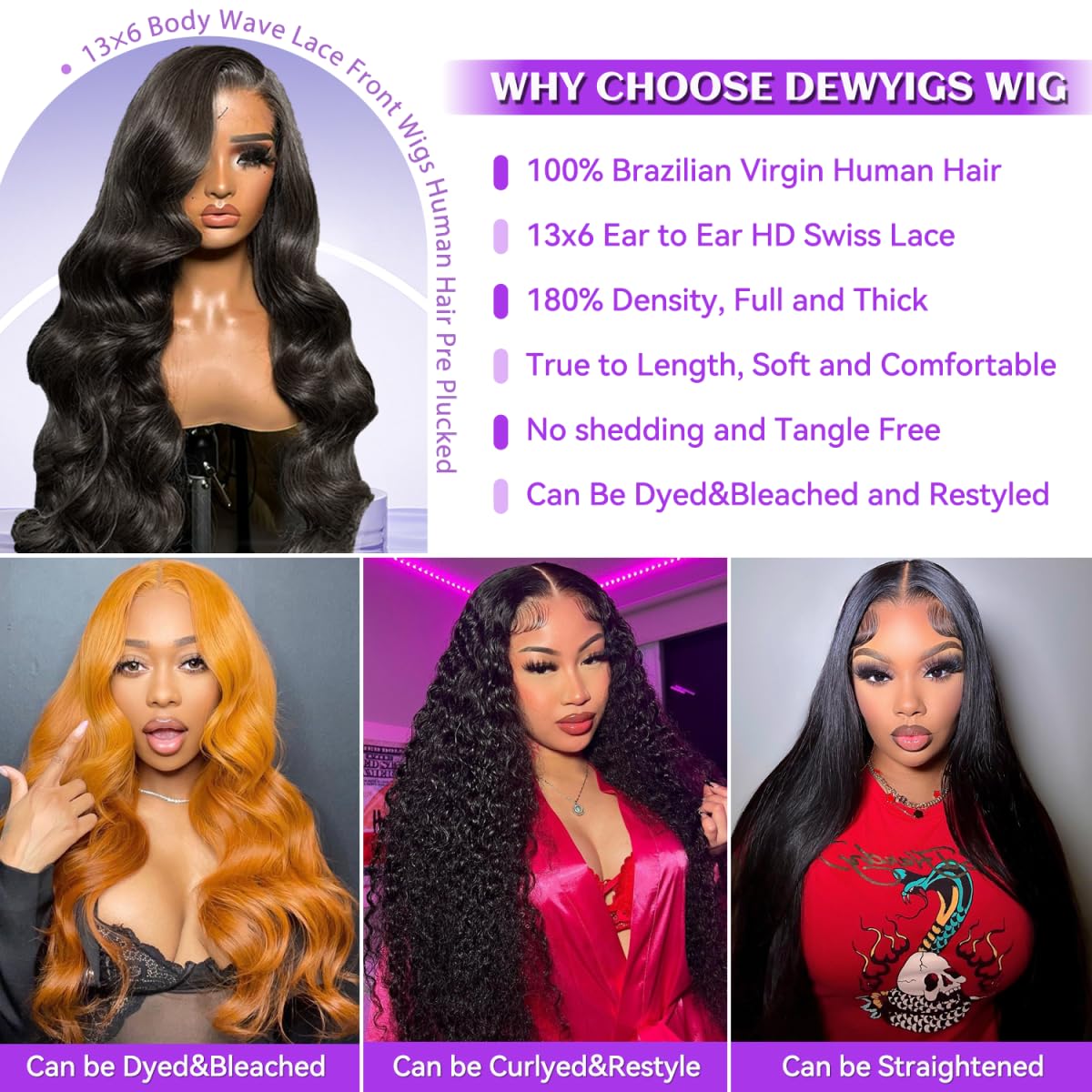 Dewyigs 32 Inch13x6 Lace Front Wigs Human Hair Pre Plucked Body Wave HD Lace Front Wigs Human Hair 180% Density Frontal Glueless Wigs Human Hair with Baby Hair