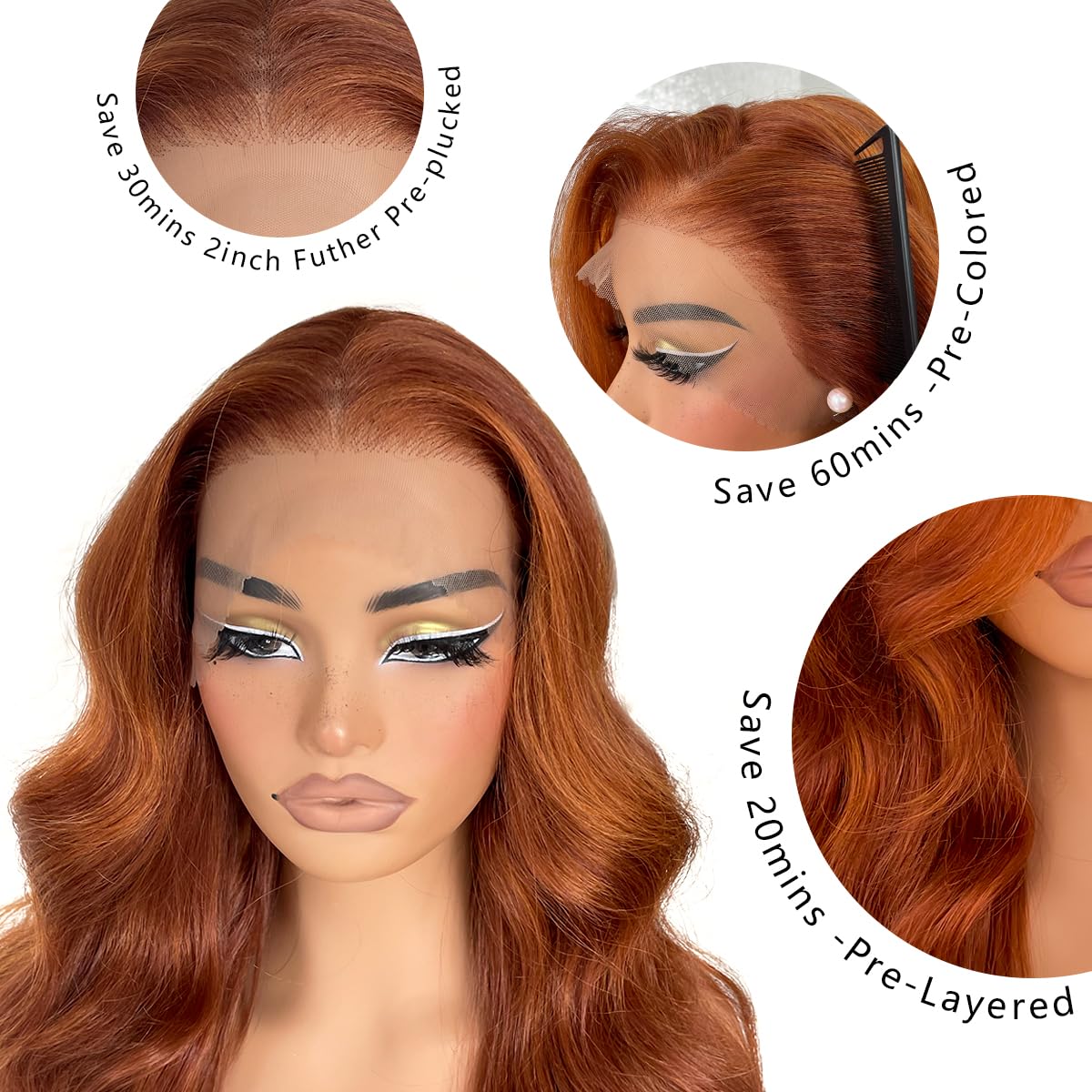 BlackSwern 13x6 HD Glueless Lace Frontal Wigs Pre-Plucked, 200 Density Ginger Similar Human Hair Synthetic Long Body Wave Lace Front Wig Ready to Wear, 26inch #Ginger