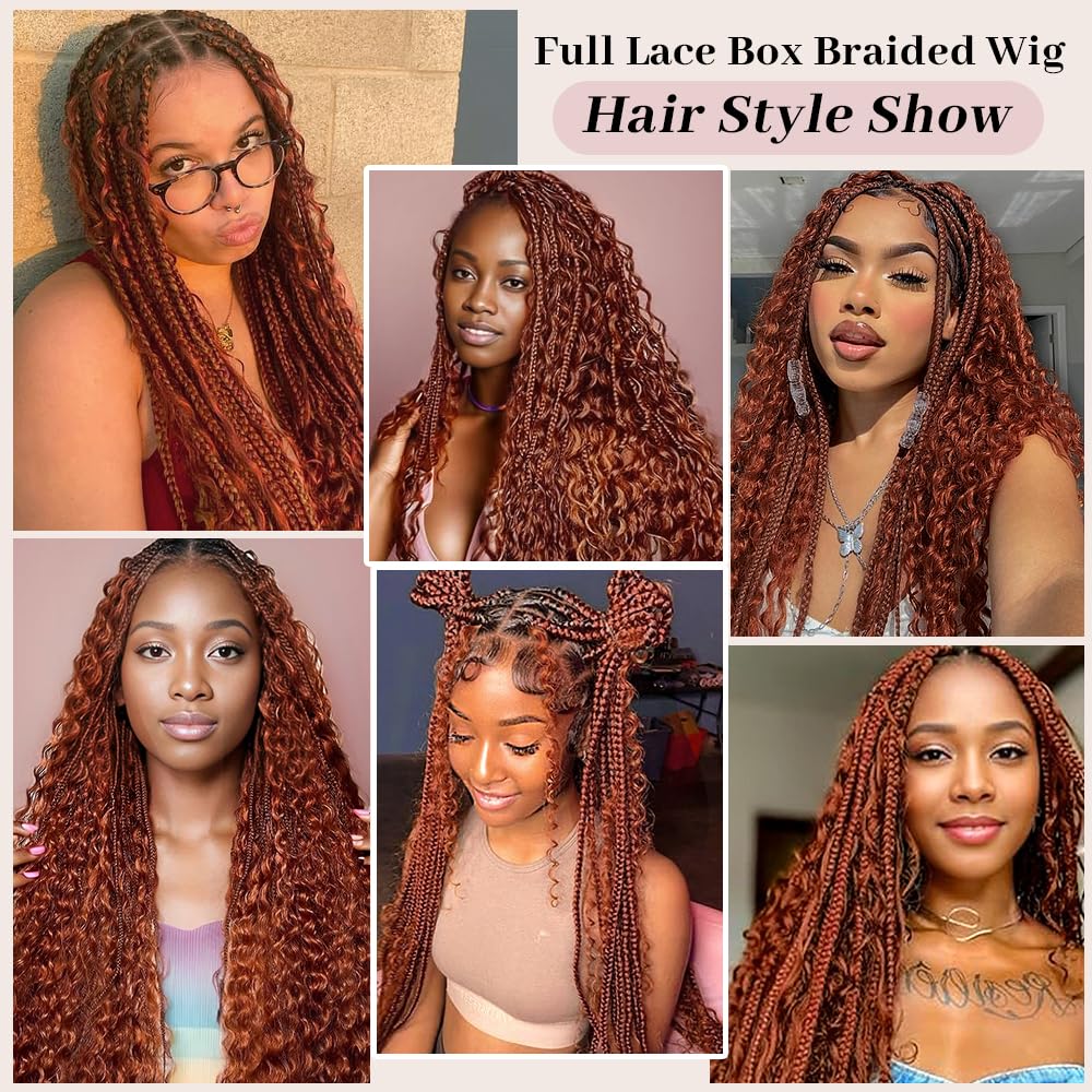 Suntefic Knotless Boho Box Braided Wigs for Black Women Glueless Double Full Lace Front Human Hair Blended Goddess Braid Wig with Baby Hair Bohemian Curly Ends (Boho Box-#1BT350, 28 Inch)