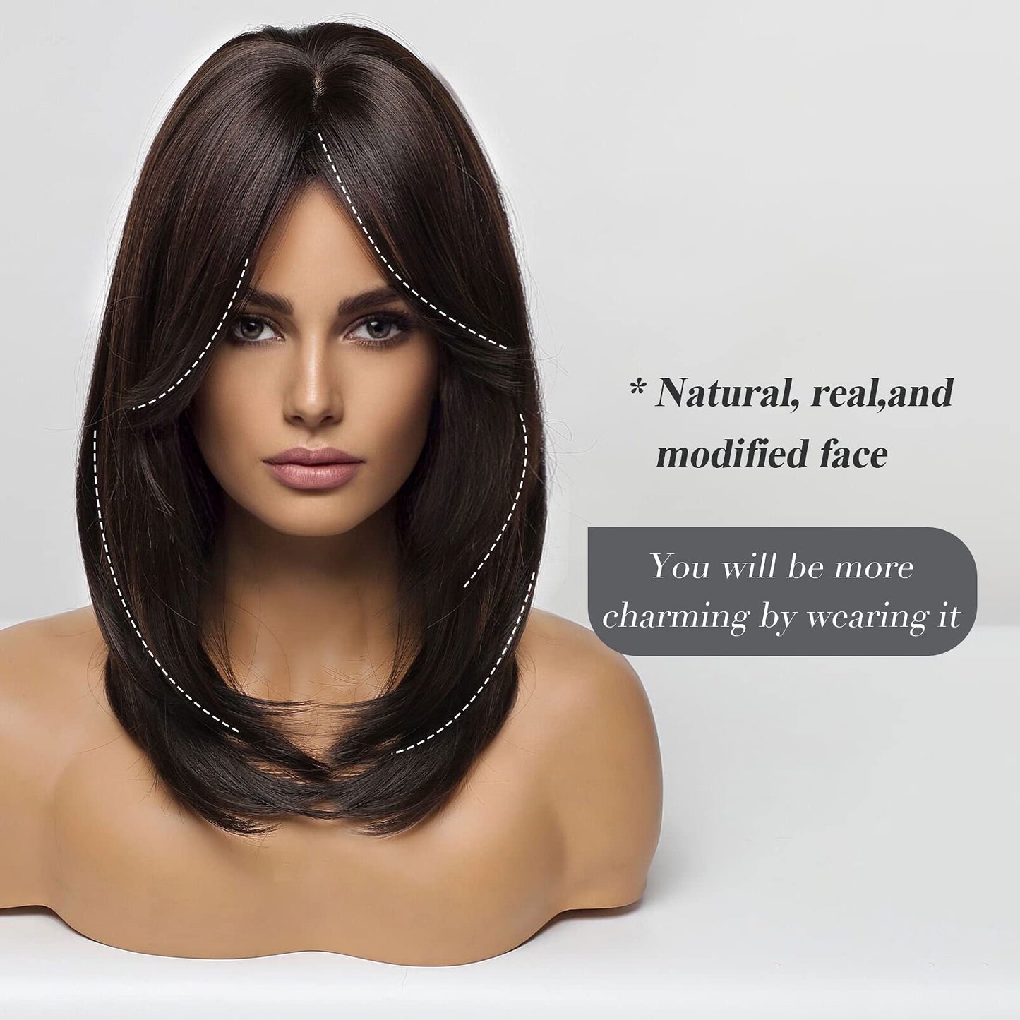 Tumhorn Women Long Brown Wigs with bangs Natural Wavy Wigs Curly Hair Wig Heat Resistant Synthetic Wigs for Women