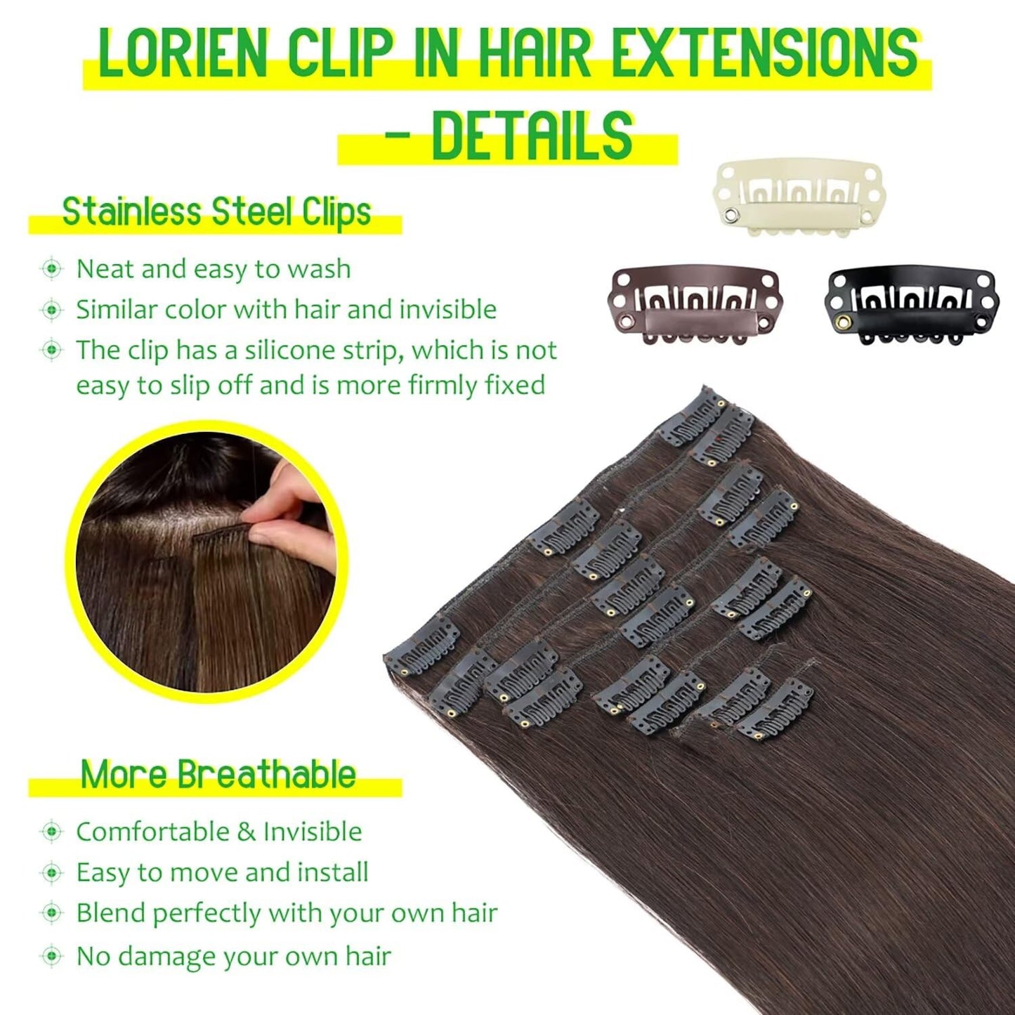 LORIEN Clip in Hair Extensions Real Human Hair, 18 Inch 100g, 2 Darkest Brown, Clip in 100% Brazilian Remy Human Hair Extensions 8pcs Per Set with 18 Clips Double Weft