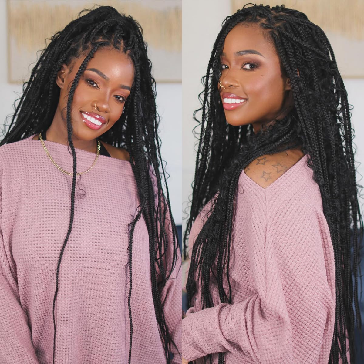 SUPERNOVA Knotless Boho Box Braided Wigs For Black Women 36inch Square Knotless Full Lace Box Braid Wig Goddess Braided Wig With Baby Hair Bohemian Curly Ends Synthetic Boho Braids Wig (36 Inch)