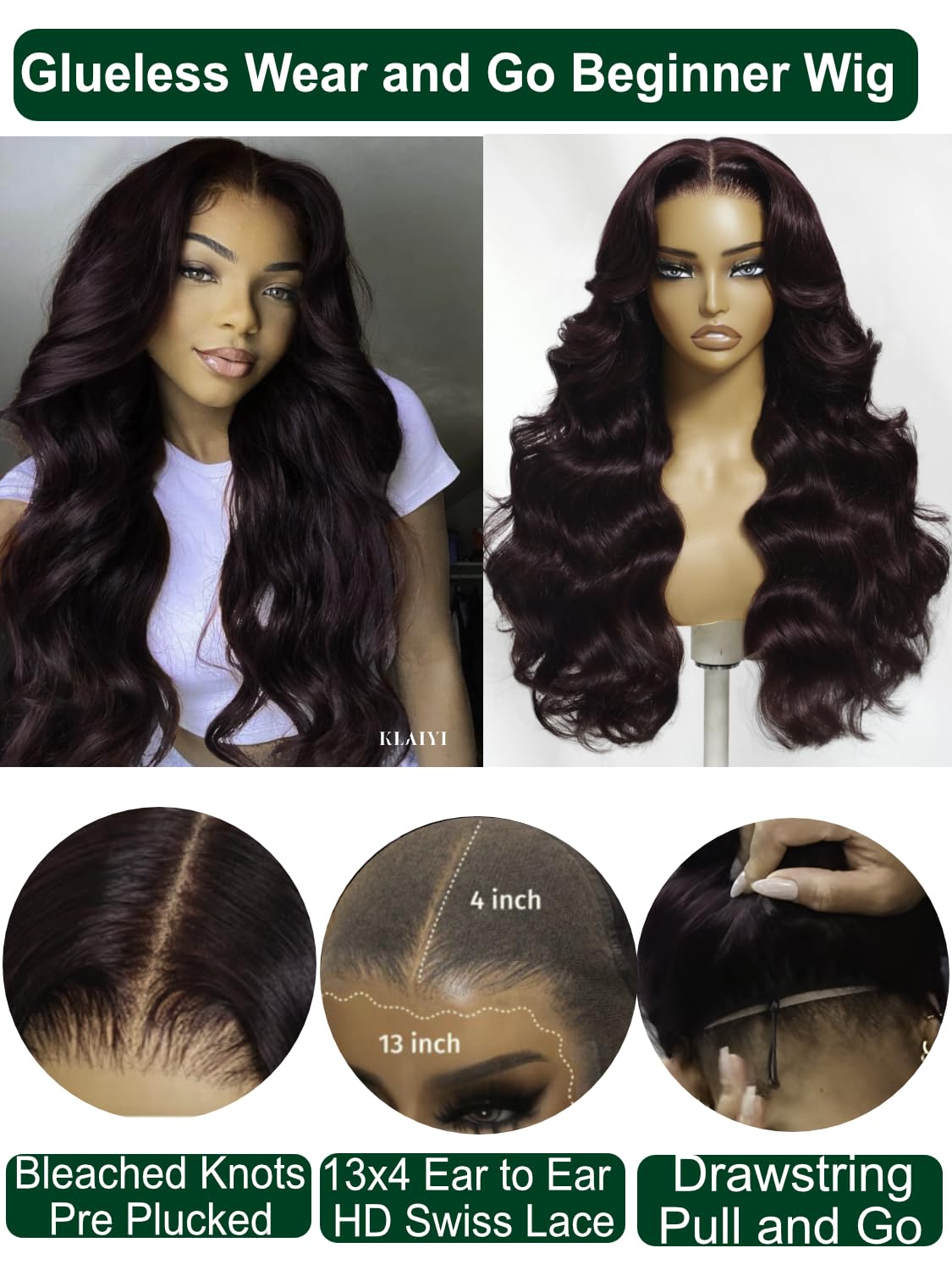 KLAIYI Black Cherry Loose Body Wave Pre Eeverything 13x4 Lace Frontal Wigs Human Hair Bye Bye Knots Glueless Ready to Wear and Go Wig with Face Framing Bangs Drawstring Pre Plucked Burgundy Wig 26Inch