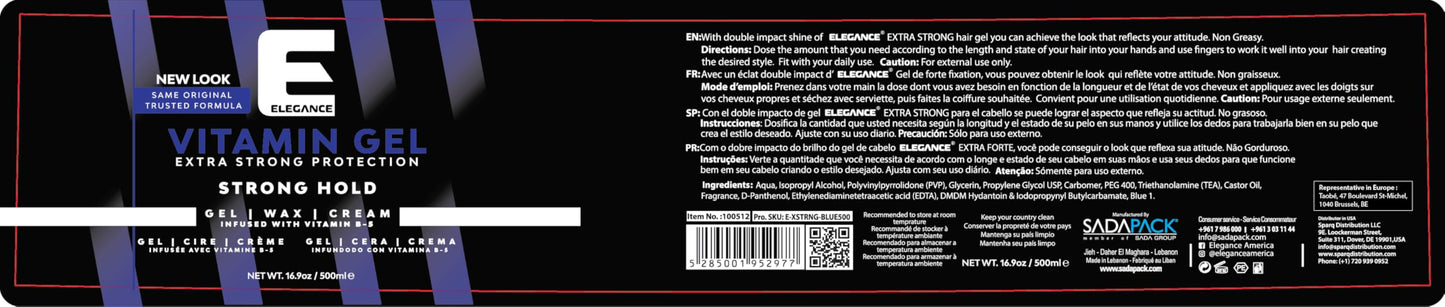Elegance Vitamin Gel, 16.9 Oz, Infused with Vitamin Pro-VB-5, Strong Hold Gel, Maximum Hair Protection and Natural Long Lasting Shine