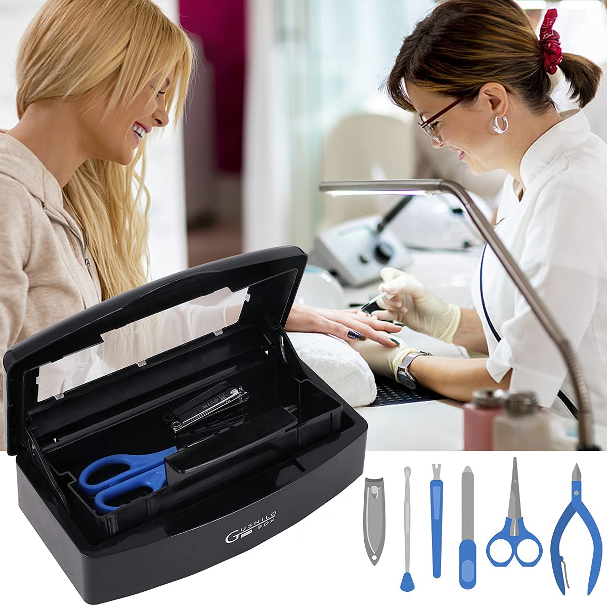 Gusnilo Nail Tool Sterilizer Box Plastic Disinfectant Container Barbicide Disinfectant Tray for Nail Tools, Tweezers, Hair Salon, Spa and Trimmer Manicure Equipment (Clear Lid, black)