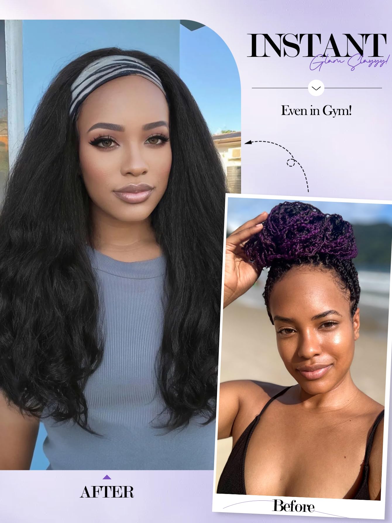 FANCEE Yaki Wavy Headband Wigs Black Kinky Straight Wear and Go Wig with Curly Wavy Ends for Mom on the Go Synthetic Headband Blow Out Style Natural Hair Wig for Black Women