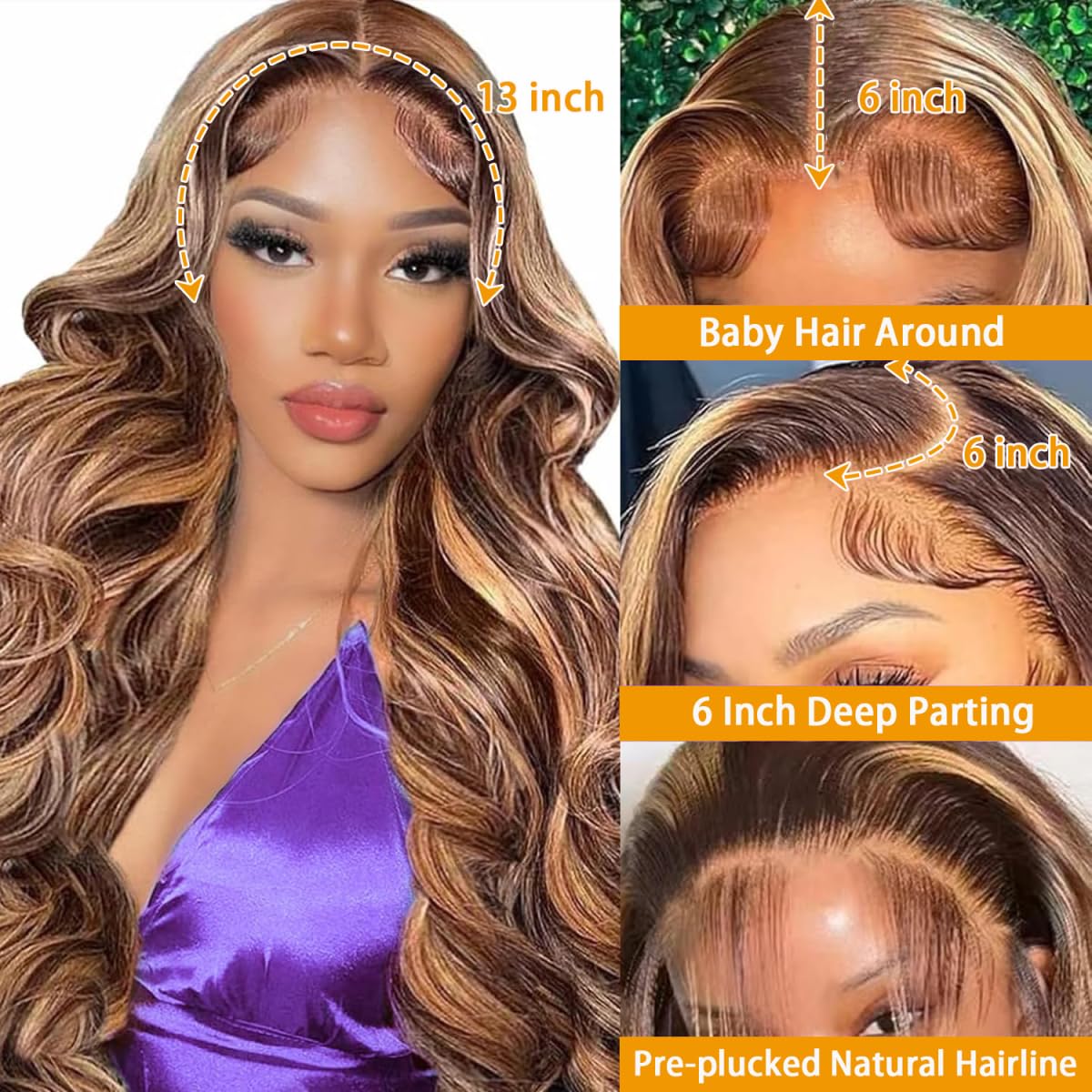 Dewyigs 26 Inch Highlight Ombre Lace Front Wig Human Hair Body Wave Honey Blonde Glueless HD Transparent Lace Frontal Wigs for Women 13X4 Human Hair Pre Plucked with Baby Hair