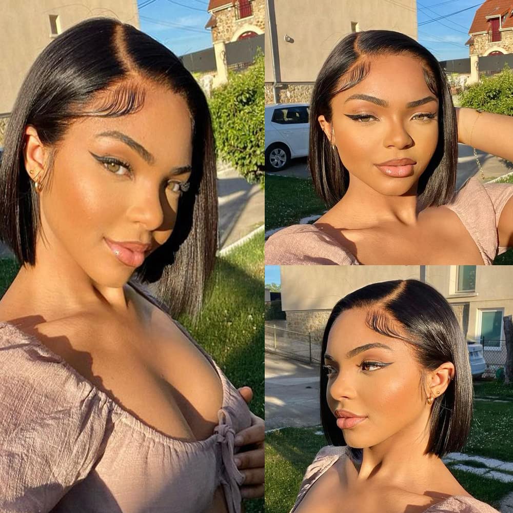 Karlami Bob Wig Human Hair Frontal Lace Wig Glueless Wigs Human Hair Pre Plucked Transparent Bob Lace Front Wigs for Women 150% Density (Natural color 13X6 straight bob, 8 inches)