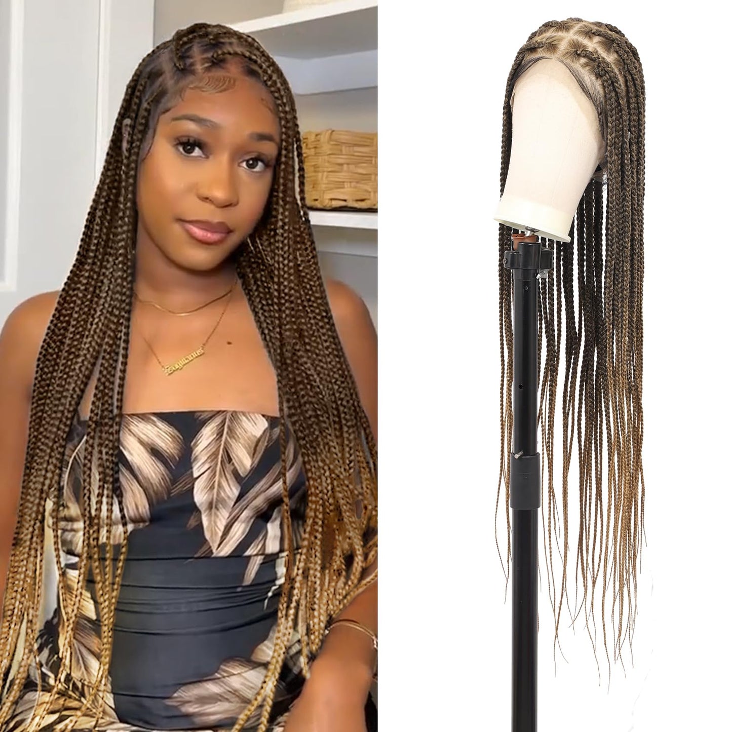 Olymei 360° HD Full Lace Large Square Knotless Braided Wigs for Women Box Braid Wig with Baby Hair Long Light Brown Premium Synthetic Braided Lace Front Wigs 36"
