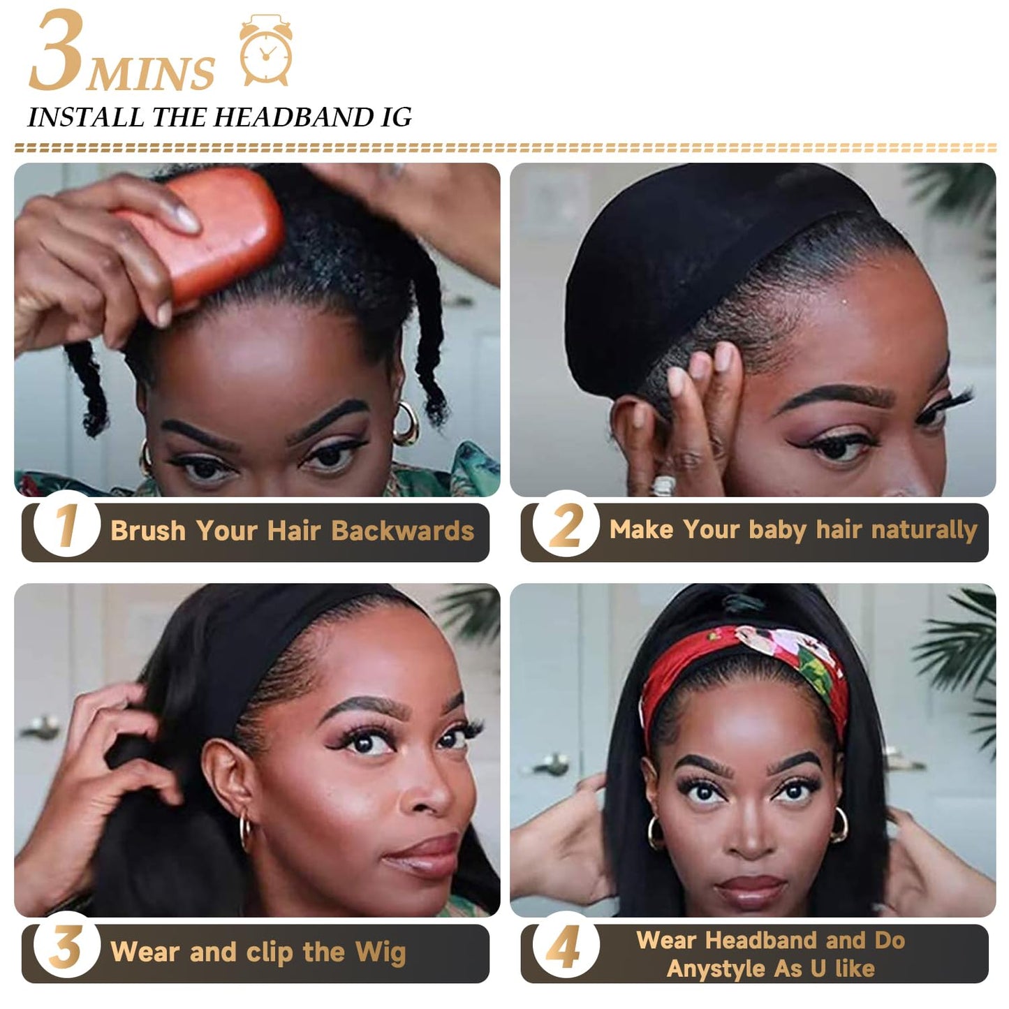 XC CLOUDS Headband Wigs Human Hair 8 Inch Bob Headband Wigs For Black Women Wear And Go Short Bob Wigs Glueless Wigs Human Hair Natural Black Headband Wig Human Hair Straight 150% Density