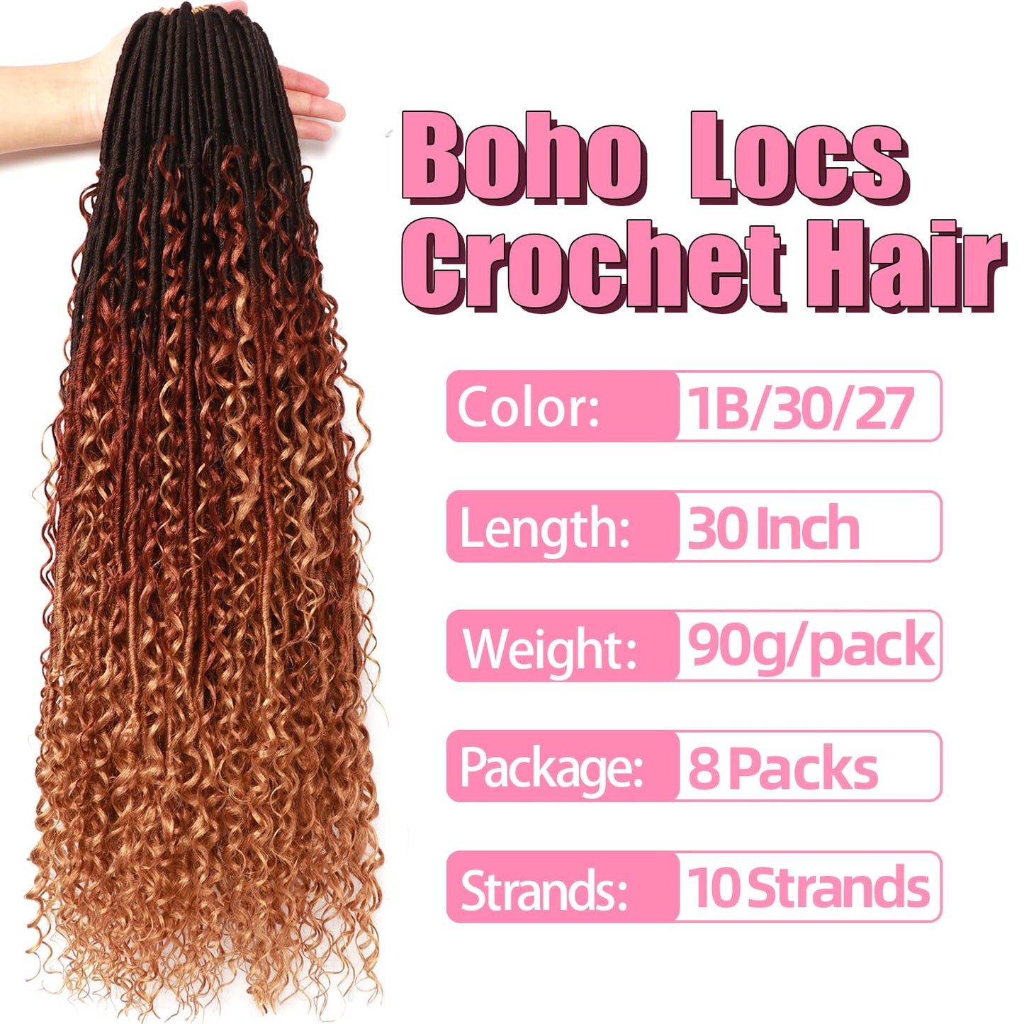 Soft Boho Locs Crochet Hair for Black Women-30 Inch 8 Packs Goddess Faux Locs Crochet Human Hair Feeling Pre Looped with Curly Ends (1B/30/27, 30 Inch(Pack of 8))