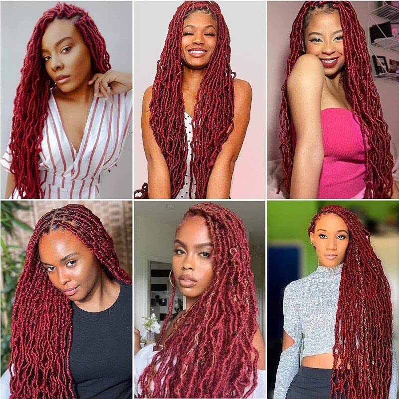 ANNISOUL Burgundy Full Lace Faux Locs Braided Wig Curly Hair Hand-braided Synthetic Crochet Braids with Baby Hair 32Inch Full Double Lace Synthetic Curly Crochet Locs Twist Wigs for Black Women