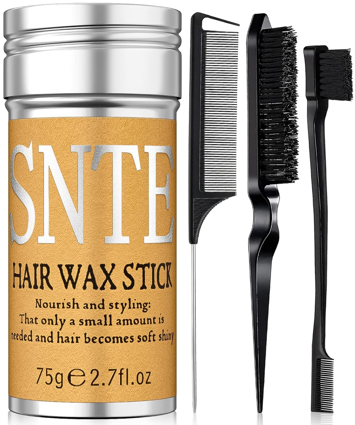 Slick Back Hair Brush Set: Hair Wax, Edge Brush, Rat Tail Comb, Bristle Brush, Hair Bun Accessories, Smoothing Brush for Women, Kids & Teen Girls