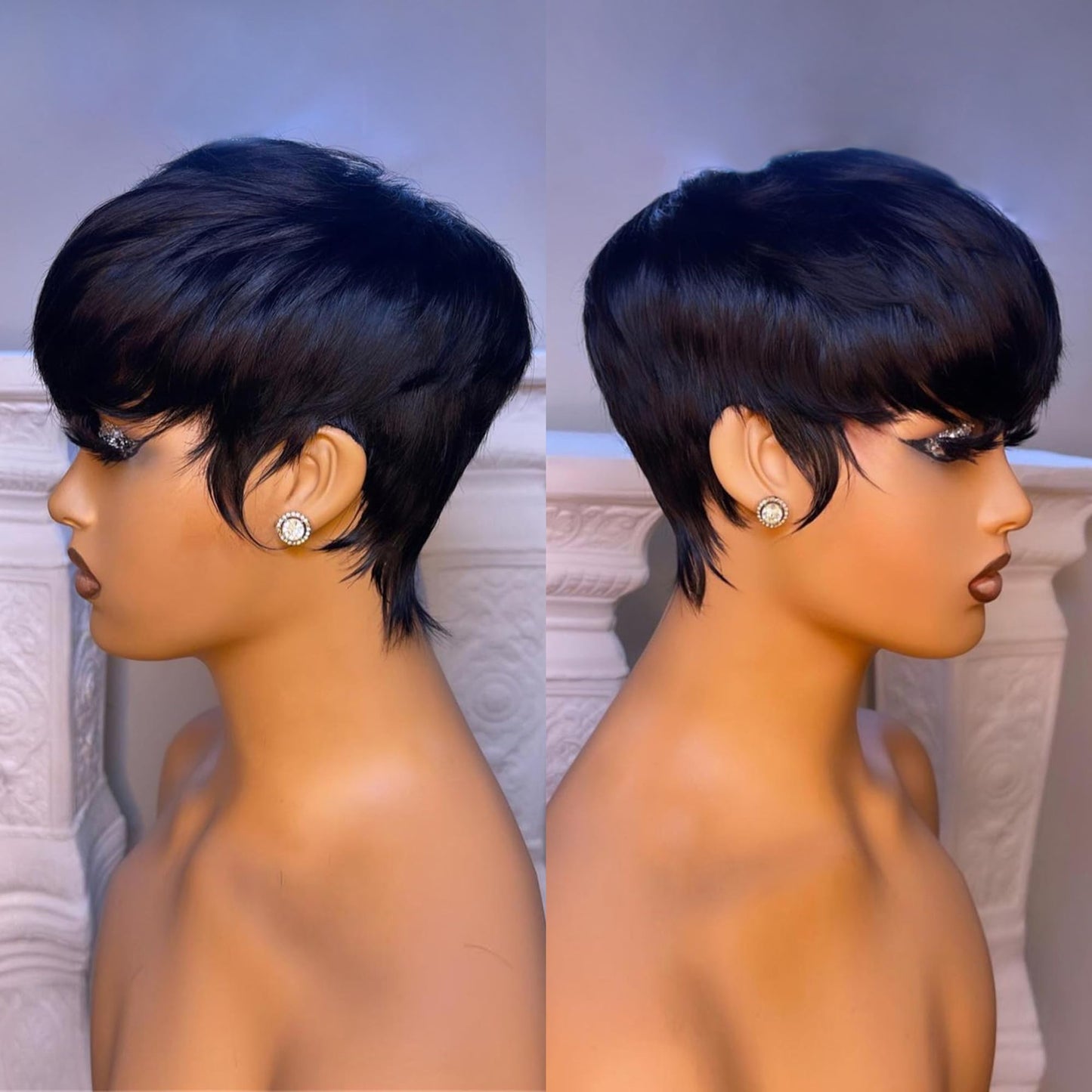 YJOQOKOA Short Bob Wig Human Hair for Black Women Pixie Cut wigs Human Hair Wig Glueless Wig None Lace Front Wig with Bangs Natural Black Straight Full Machine Made Wig