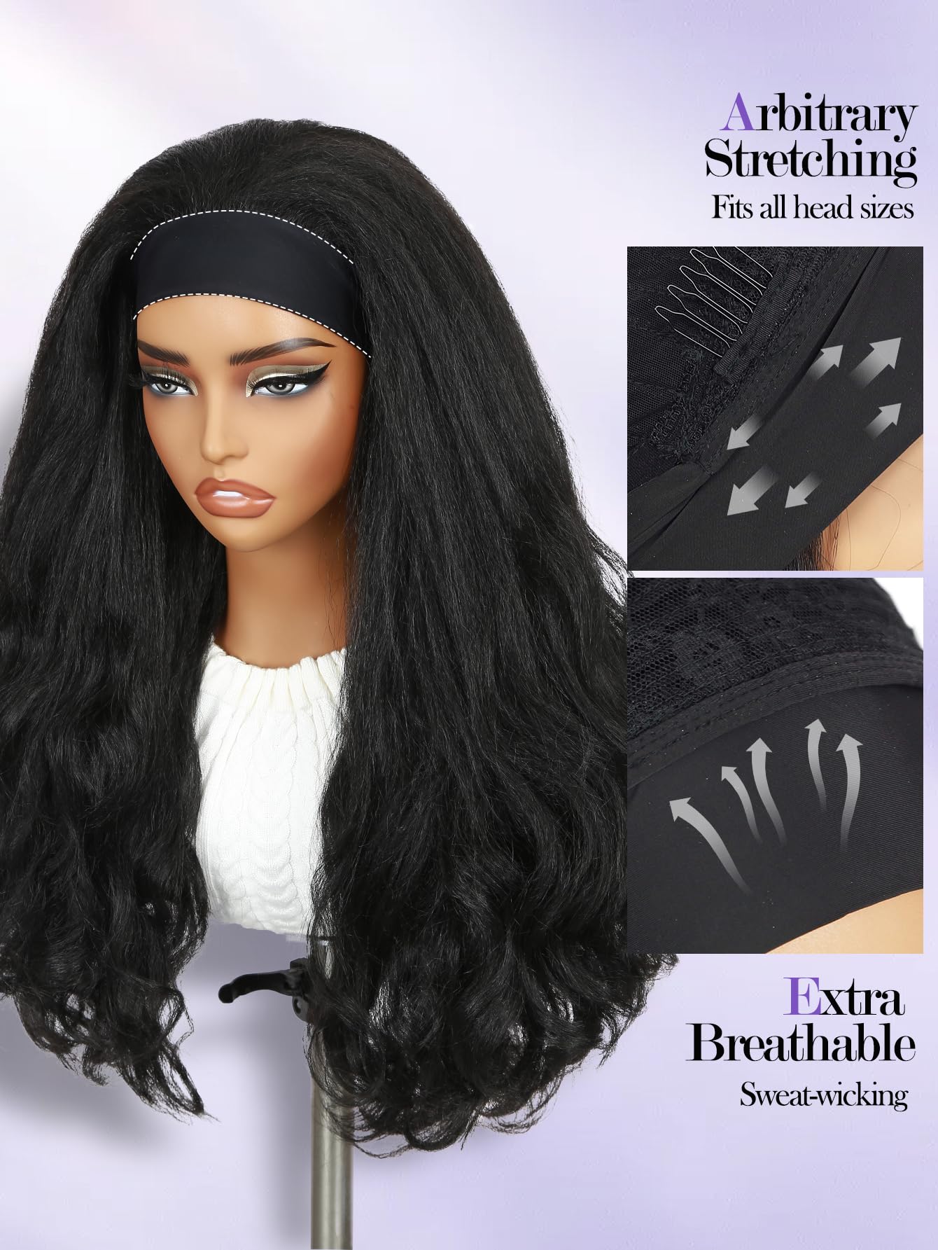 FANCEE Yaki Wavy Headband Wigs Black Kinky Straight Wear and Go Wig with Curly Wavy Ends for Mom on the Go Synthetic Headband Blow Out Style Natural Hair Wig for Black Women