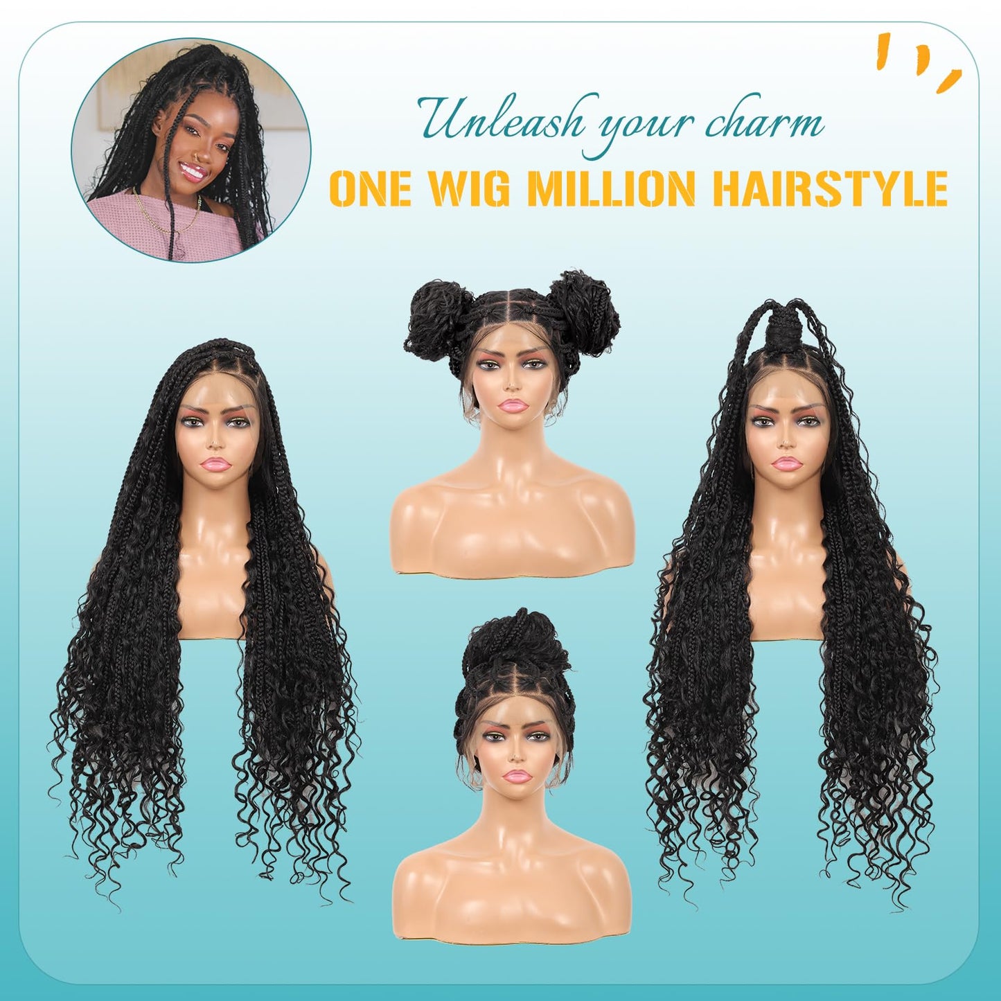Kalyss HD Full Lace Boho Braided Wigs for Women 360 Lace Front Box Braided Wigs with Baby Hair Black Premium Synthetic Knotless Braid Wig 36"