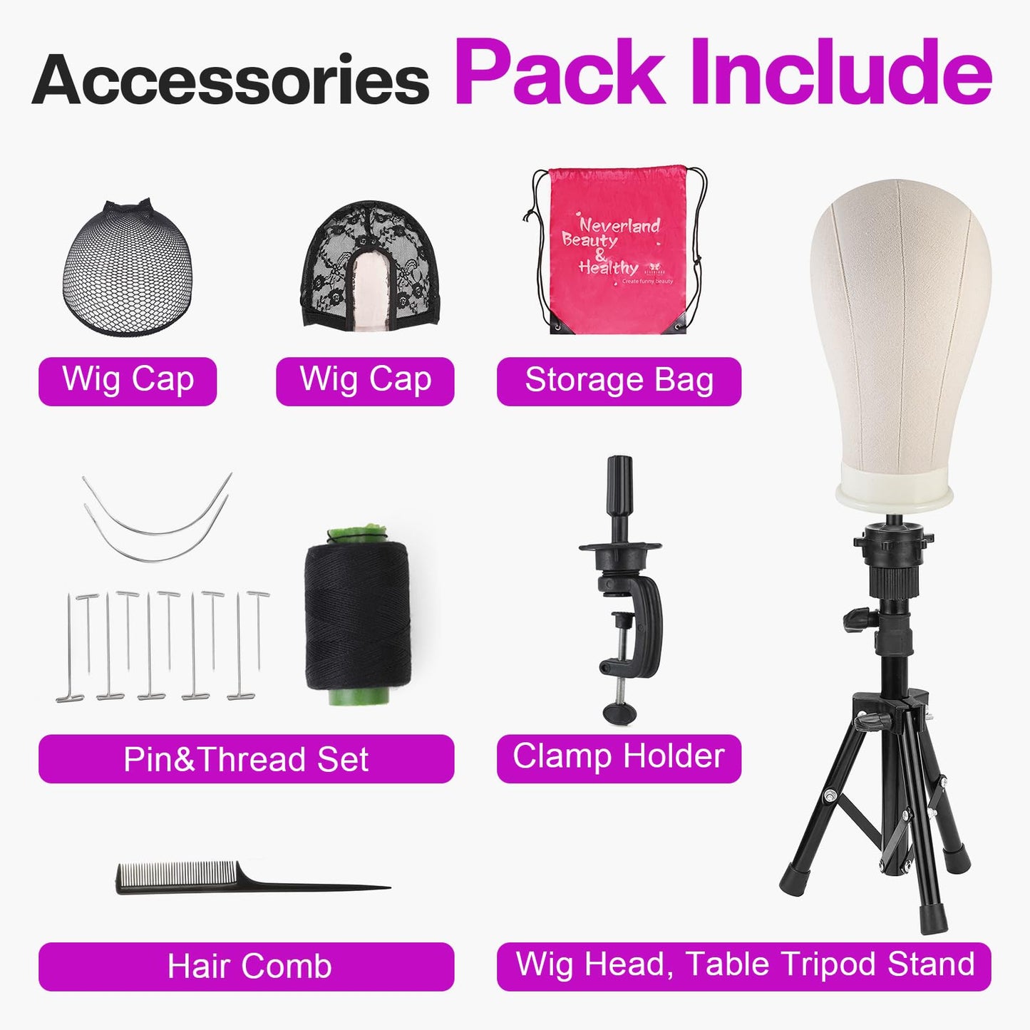 23 Inch Wig Head,Wig Stand Tripod with Head,Canvas Wig Head Stand with Mannequin Head for Wigs,Manikin Head Block Set for Wigs Making Display with Wig caps,T Pins Set,Bristle Brush