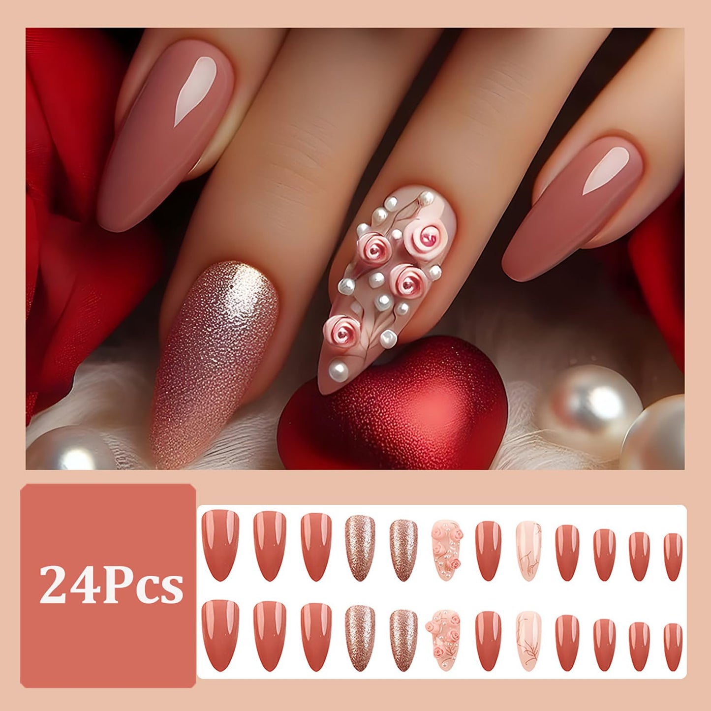 24 Pcs Pink Valentine’s Day Press on Nails Almond Medium Fake Nails with Glue 3D Flower False Nails with Pearl Design Glitter Full Cover Valentines Nails Reusable Stick on Nails for Women Spring Nails
