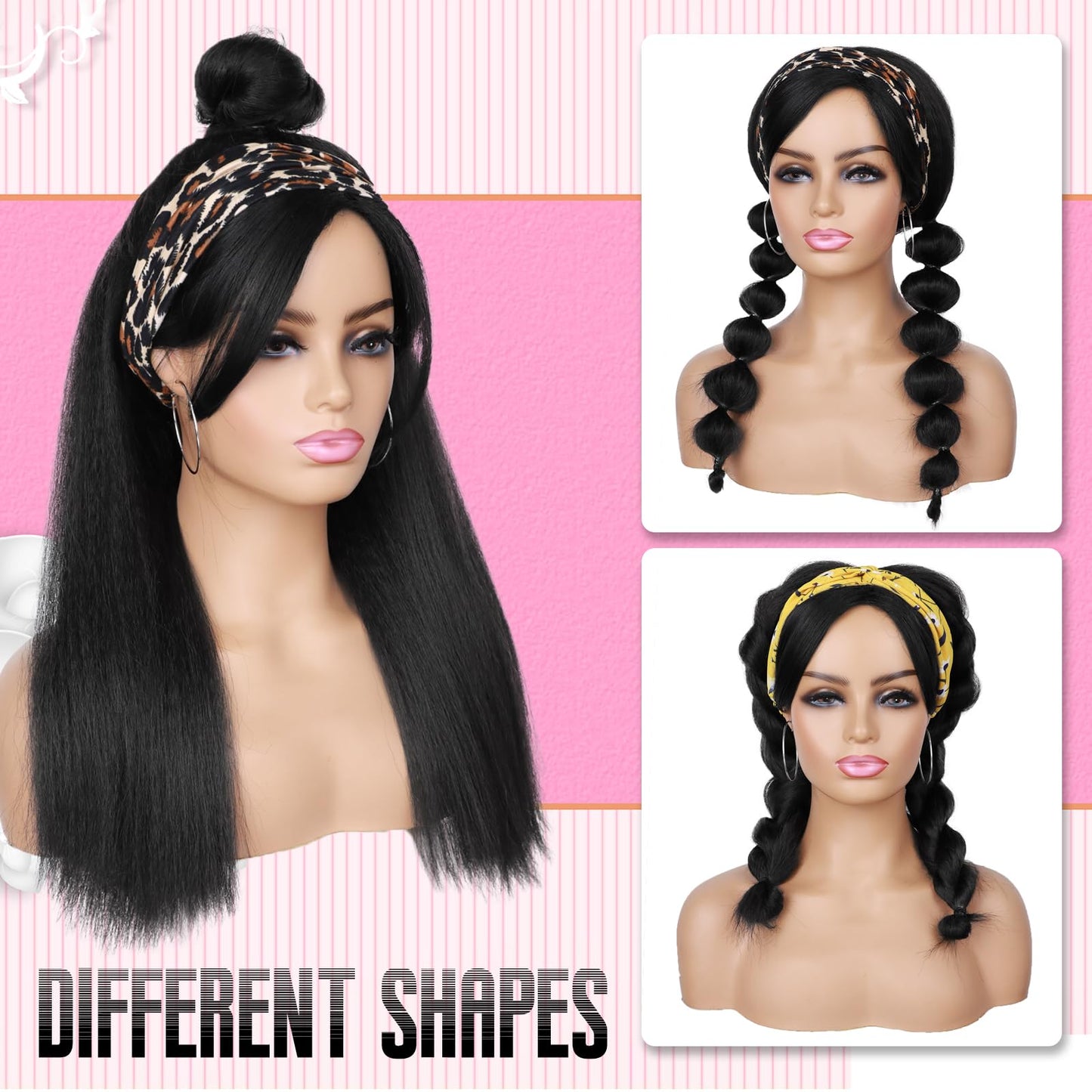 G&T Wig Yaki Straight Half Wig with Braided Hair Band Wear and Go Glueless Wig for Black Women Heat Resistant Synthetic Wigs for Daily Use (24 inch)