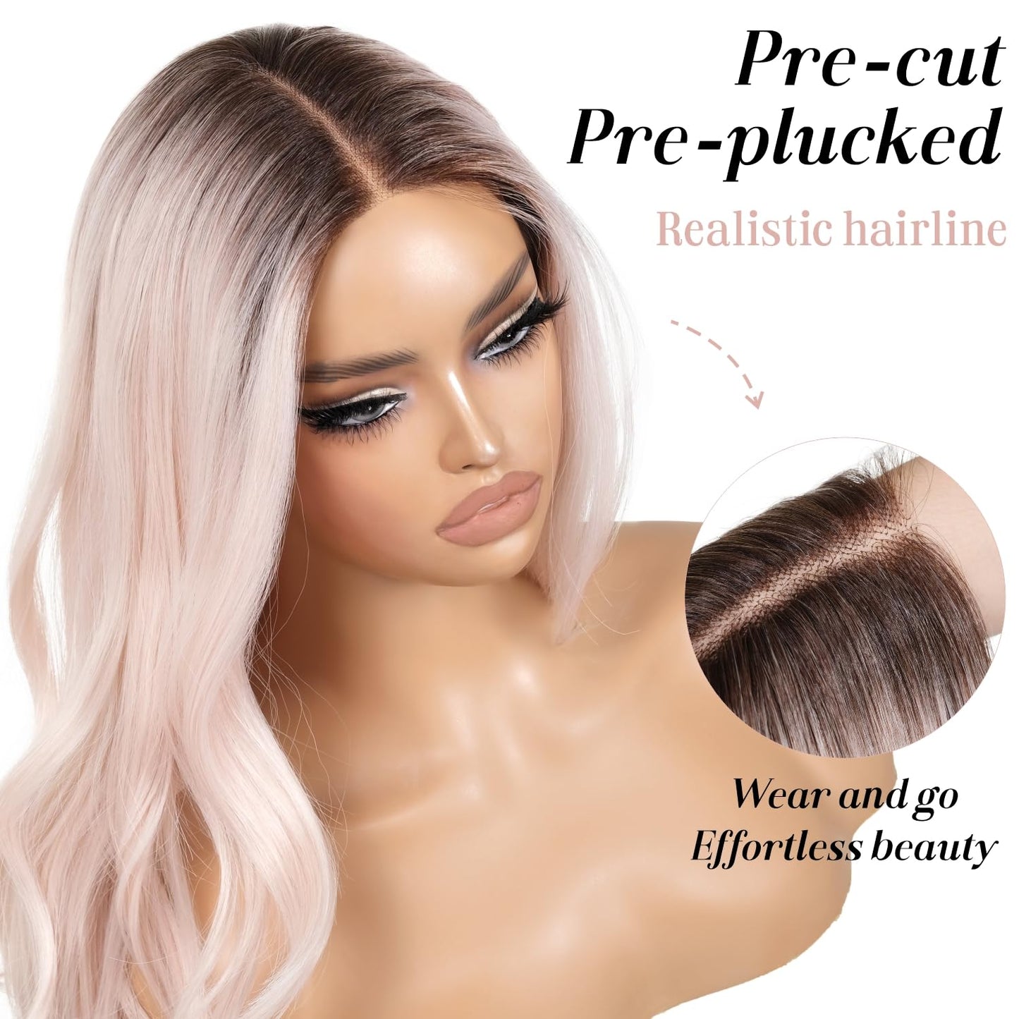 ENCOUNTERU Wear and Go Glueless Pink Wigs For Women Body Wave Wig with Bangs Synthetic Lace Front Pre Plucked Pre Cut HD Lace Glueless Ready to Wear Wig Light Pink Middle Part 26 Inch