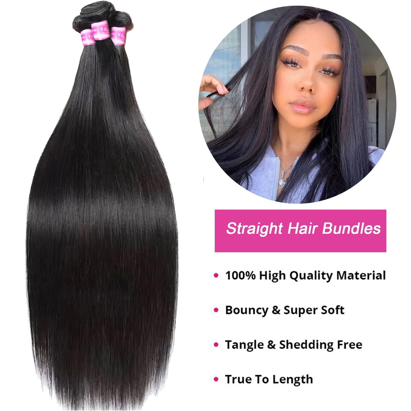 PINJUOO Straight Bundles Human Hair 16 18 20 inch 100% Unprocessed Virgin Remy Hair Bundles Weave 3 Bundles Raw Hair Extensions Natural Color for Women