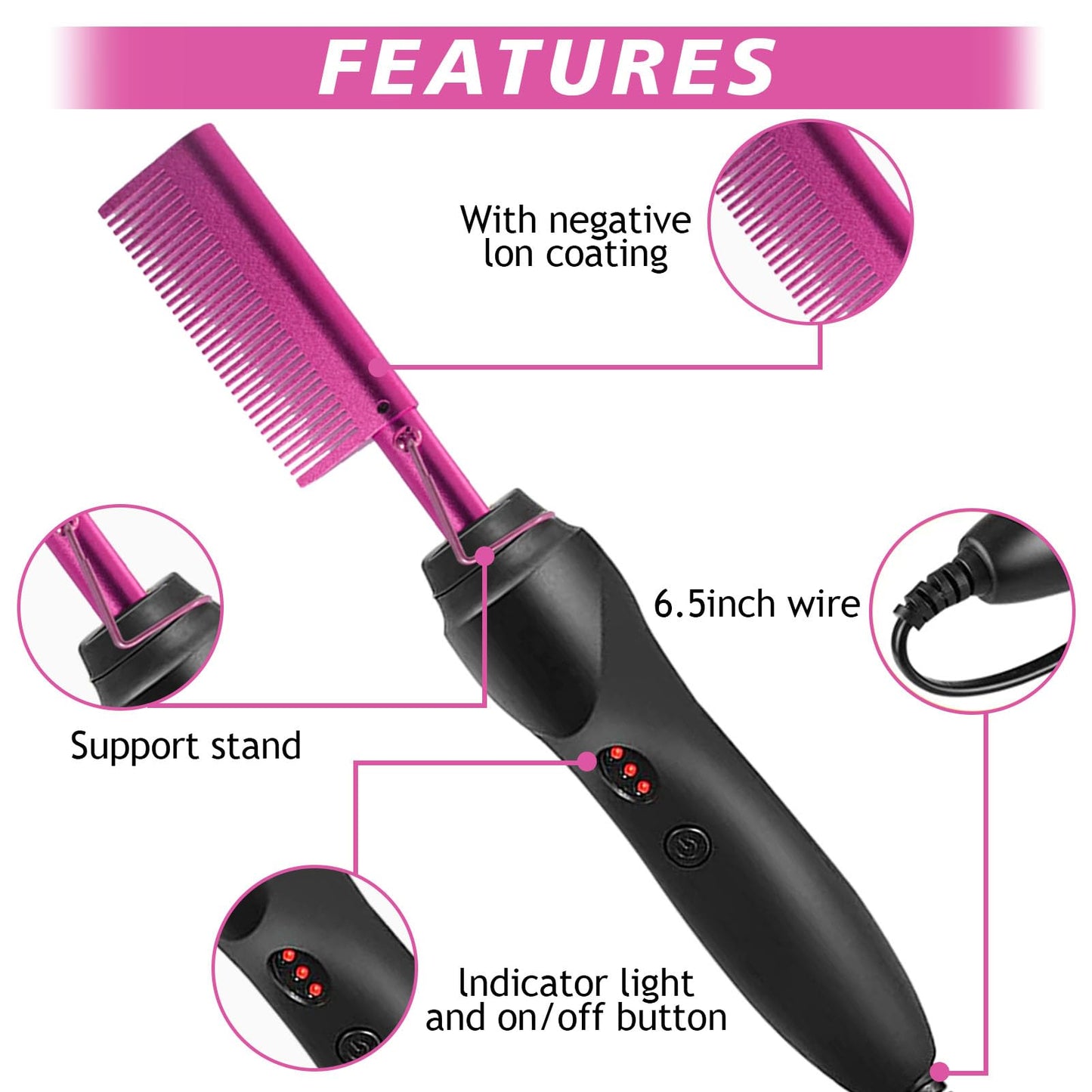 Hot Comb Hair Straightener for Natural Black Hair and Lace Front Wigs - Electric Heat Pressing Comb Set With Lace Melting Spray and Wig Glue Kit